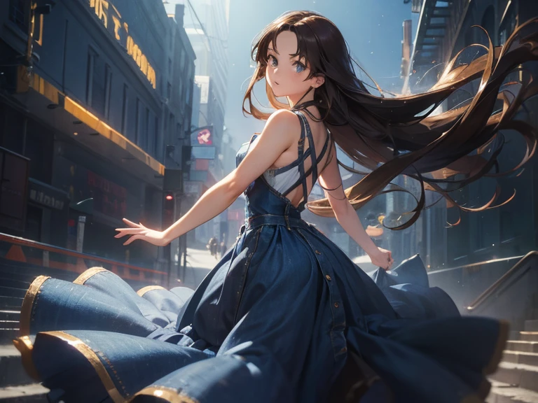 masterpiece, highest quality, 1 girl, Brunette Hair, Exposing shoulders, Long Hair, dress, Denim Shot, Dynamic pose, Dynamic Angle,