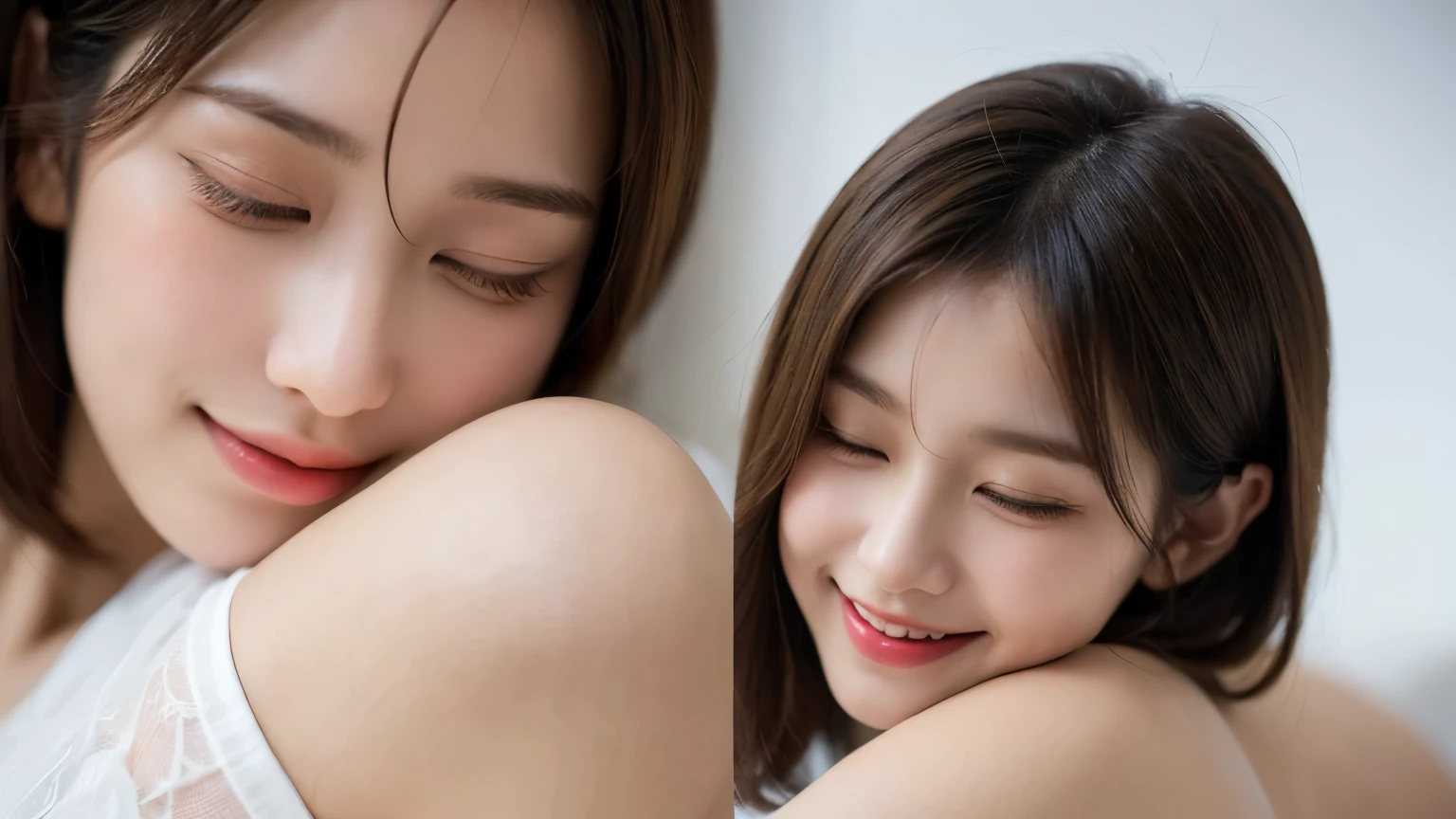 Very beautiful and angelic cute girl, beautiful and detailed eyes, dense double eyelids, (closed eyes kissing face: 1.3), long eyelashes, see-through bangs, (beautiful detailed face and eyes: 1.4), small nose , small mouth, beautiful short bob hair, happy smile showing teeth, camisole and miniskirt (highest quality: 1.2) above the knee, raw photo, high resolution, perfect details, professional shooting, beautiful woman in white underwear, beautiful legs ,illumination