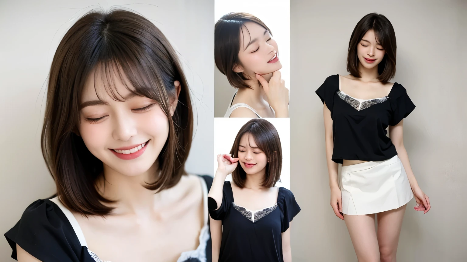 Very beautiful and angelic cute girl, beautiful and detailed eyes, dense double eyelids, (closed eyes kissing face: 1.3), long eyelashes, see-through bangs, (beautiful detailed face and eyes: 1.4), small nose , small mouth, beautiful short bob hair, happy smile showing teeth, camisole and miniskirt (highest quality: 1.2) above the knee, raw photo, high resolution, perfect details, professional shooting, beautiful woman in white underwear, beautiful legs ,illumination