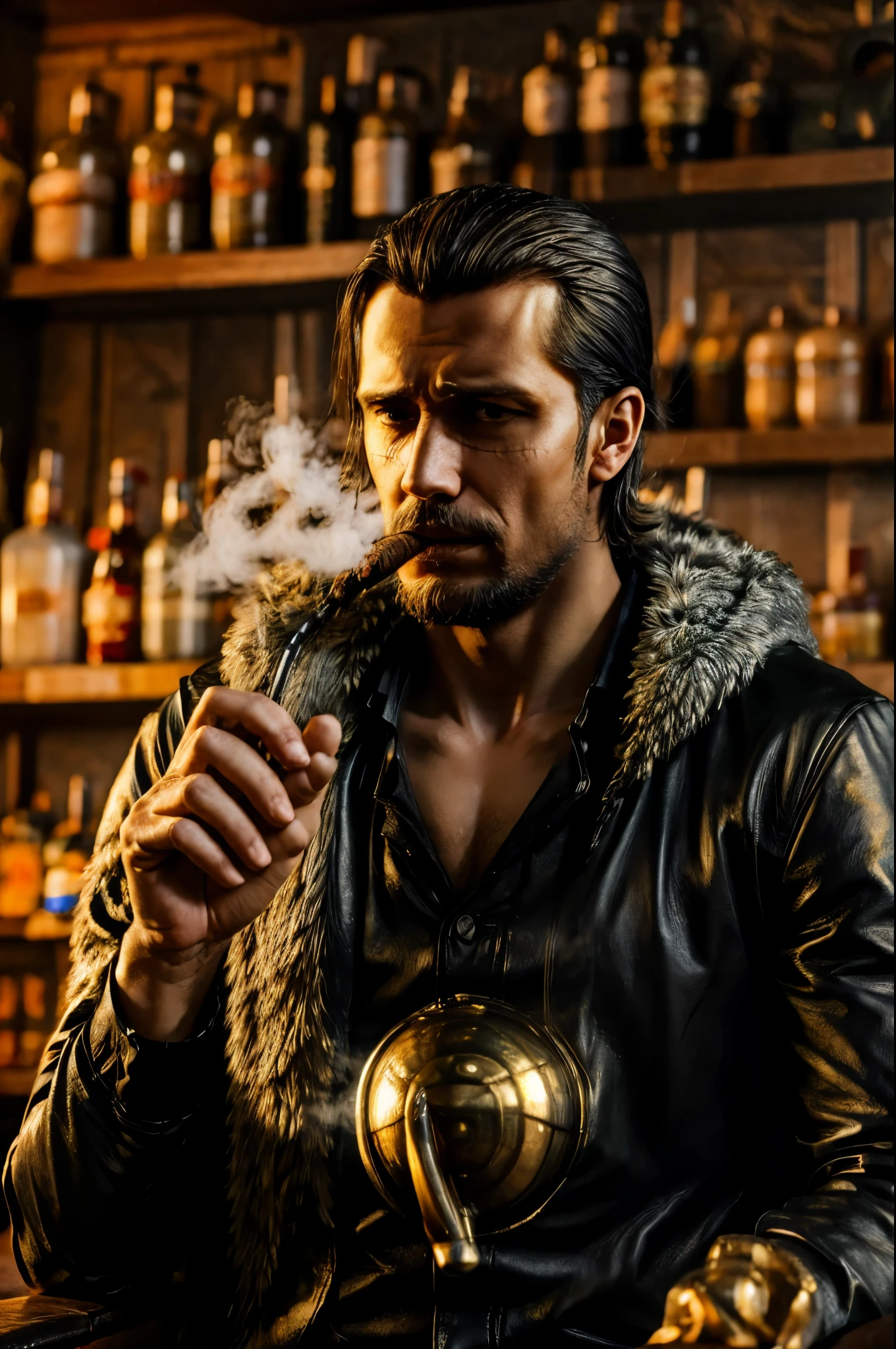 masterpiece, best quality, extremely detailed, hyperrealistic, photorealistic, a cool 40s man, ultra detailed face:1.2, fur-trimmed coat, scarf around the neck, his left hand is a golden pirate hook:1.1, cigar, smoking, at bar