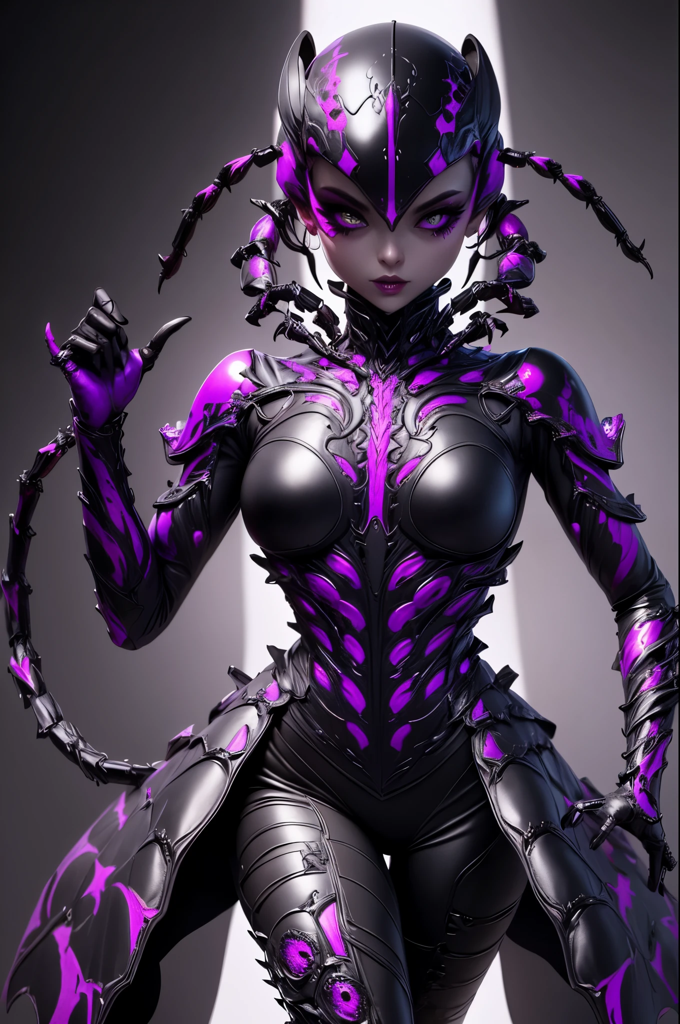 Beautiful girl fused with a scorpion. (High quality) （black and purple image color）gothic dress. body suit. cyber style. Circuit pattern. Biological Armor. Biological helmet. eye mask.