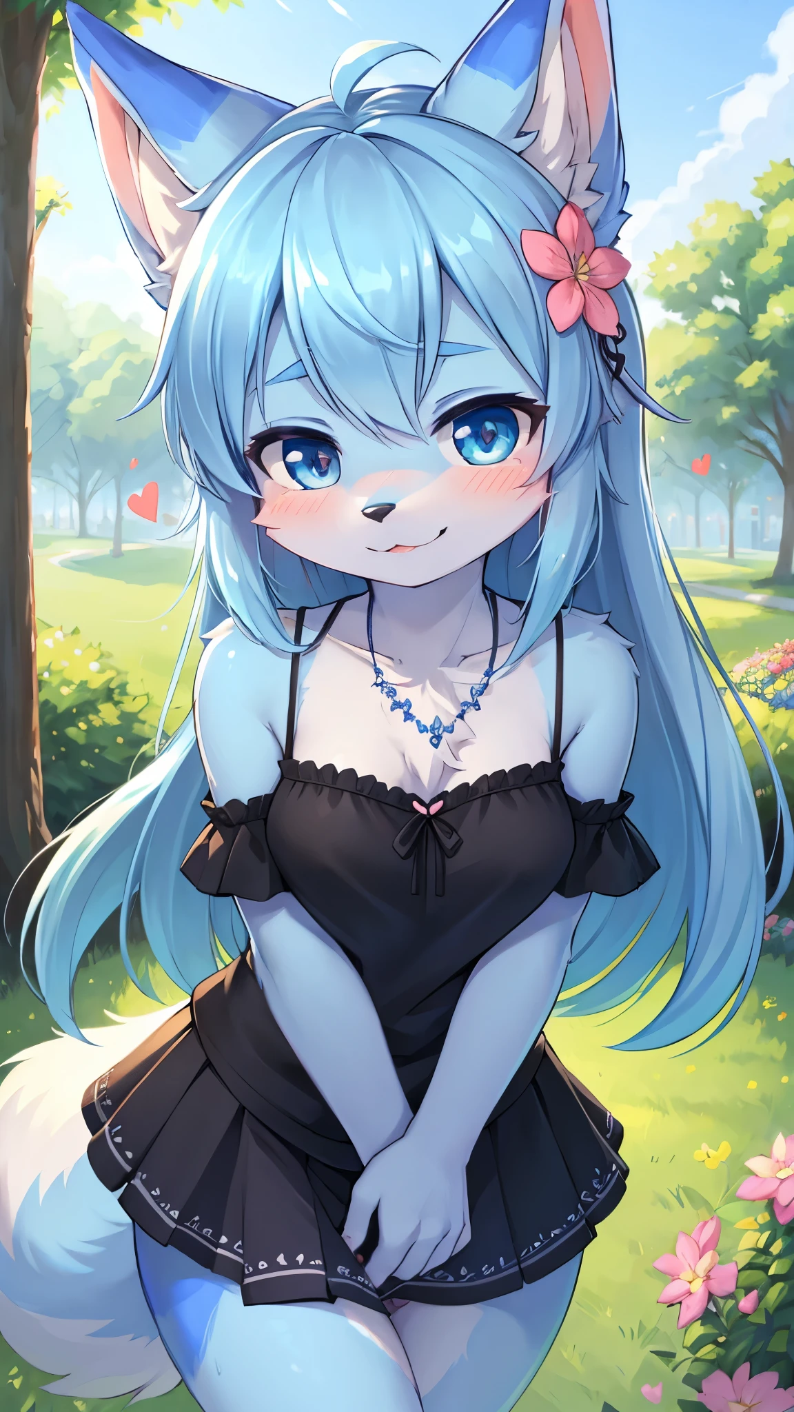 best quality,best resolution,(fluffy anthro furry :1.6),light blue fox girl,small breasts,light blue hair,long hair,wavy hair,light blue fur,flower hairpin,heart necklaces,dark blue camisole with flower embroidery,black skirt,beautiful public park,looking at viewer,full face blush,passionated face,smile,heart eyes,heart expression eyes,upper body only,sexy eyes,face to face,close up,solo,