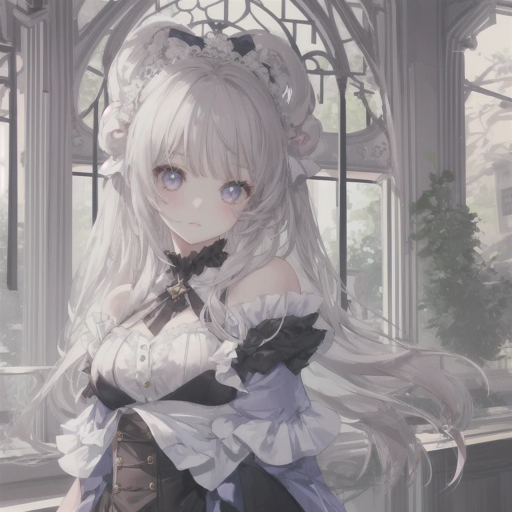 best quality, masterpiece, alone, 1 girl, nun, white hair, long hair, medium breasts, cleavage dress, gothic-ta, black stockings, High heel, Headband, black eye mask, Cross necklace, collar, chain, handcuff, nose blushing , kneeling, indoor, castle, skirt lift