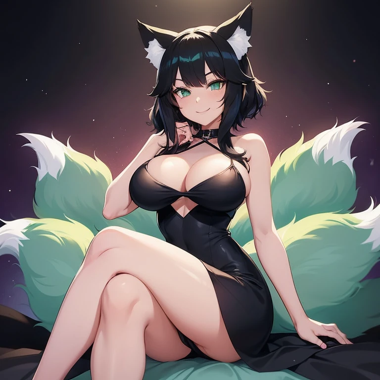 Only adult girl,anime fox girl,animal ears,fox ears,black hair,middle hair,medium hair,mushroom hair style,aquamarine green eyes,smile,large breast,beatifull breast, ,smiley mouth,black dress,middle dress,fox tail,long tail,fluffy tail, thigs,black legs,crossed legs, sexy pose