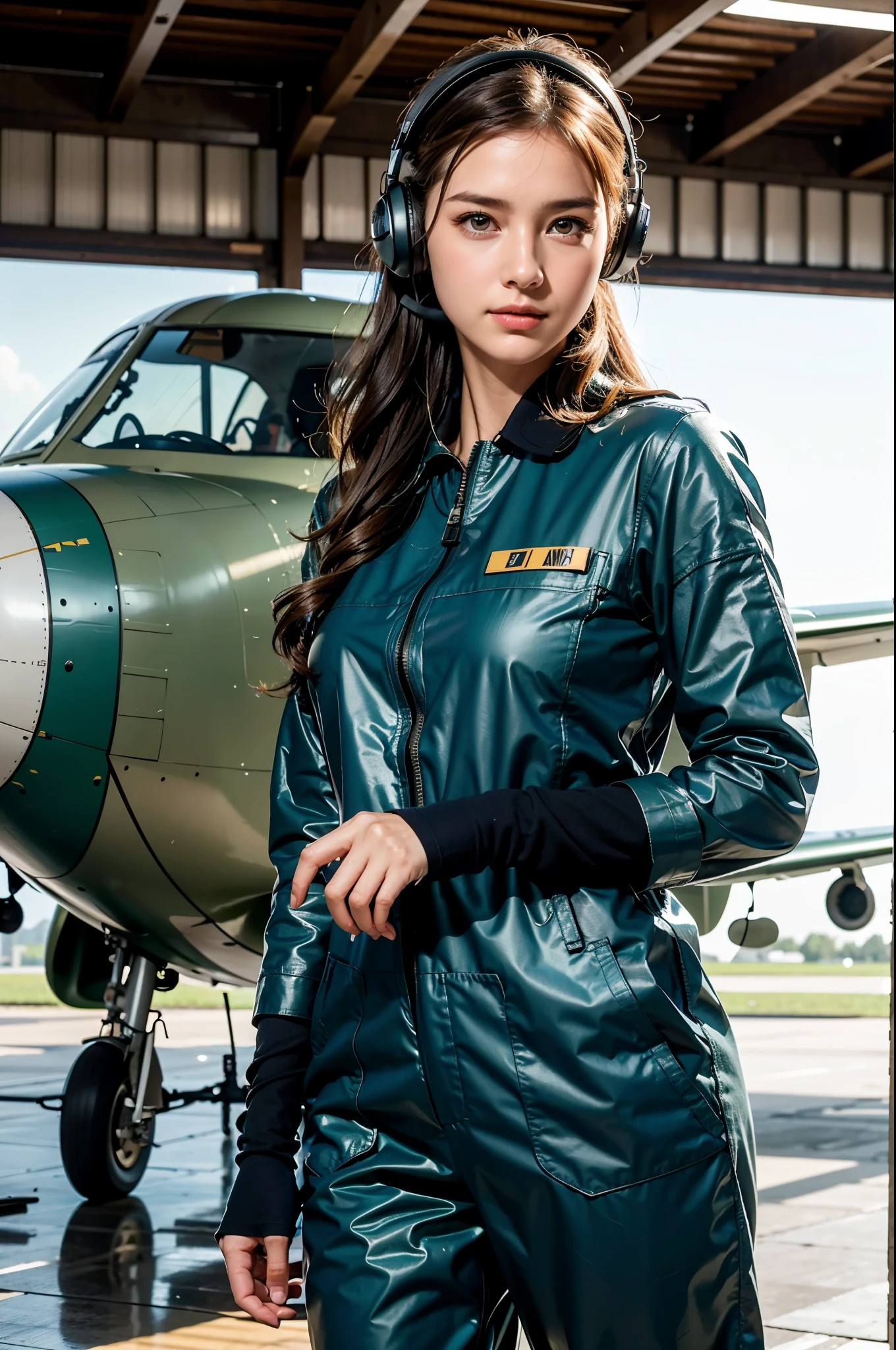 Best quality, ((professional photograph, RAW photo)), Insanely realistic, an extremely delicate and beautiful, ultra high res, realistic lighting and shading, (Realistic image of a extremely pretty female Aircraft mechanic, solo), Inside a spacious Aircraft hangar, Monoplane fighters of the World War II era line the background, Aircraft parts scattered on the floor, Tools for maintenance, She does aircraft maintenance, (wearing Military camouflage patterned Long-sleeved mechanic's coverall), (wearing mechanic's heavy-duty glove), (Wearing a headset), her hair is tied back later, very professional mechanic, inscrutable smile, (extremely beautiful depiction of the eyes and face), (insanely beautiful natural skin texture), Accurate eyes, Accurate hands, Well-balanced overall body