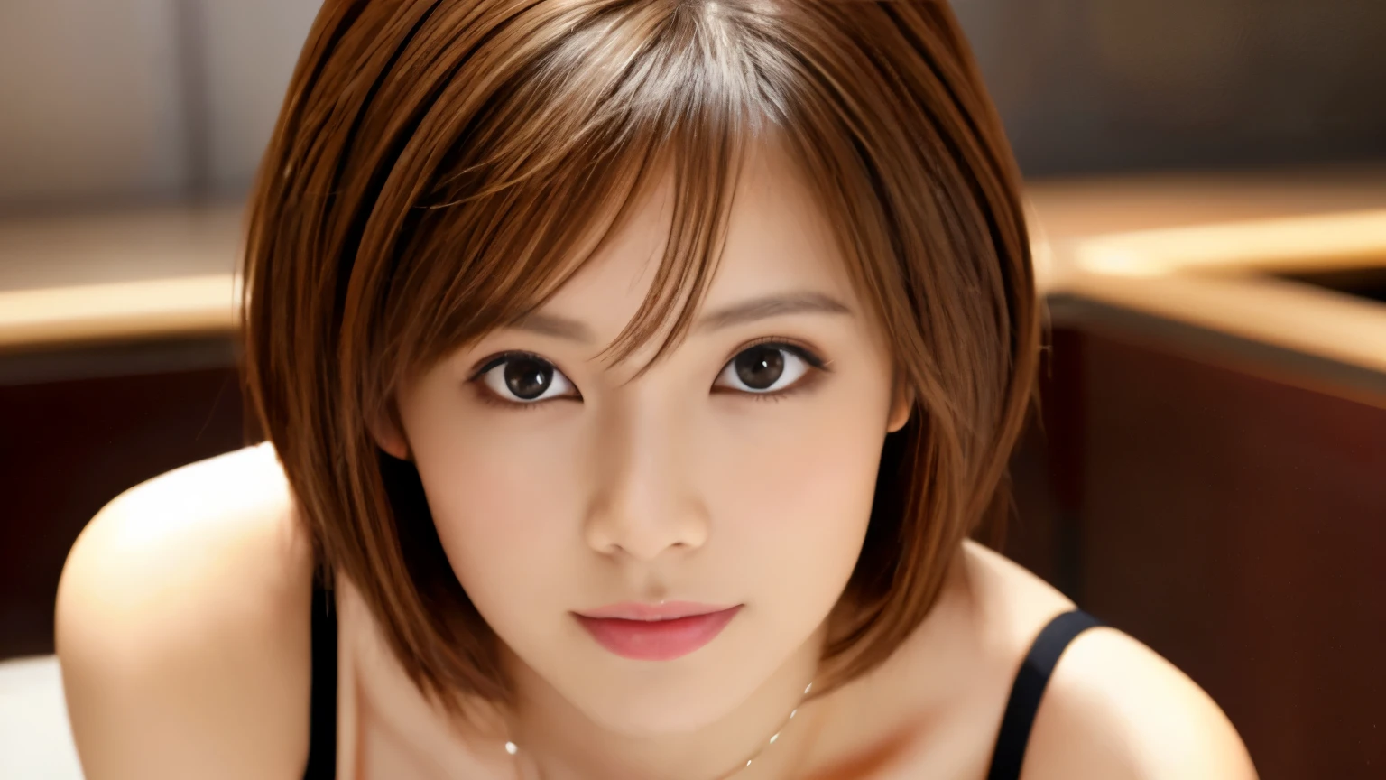 masterpiece、highest quality、High resolution、Tabletop、wallpaper、Realistic、Bright lighting、Professional Lighting、Face Light、Smooth lighting、Japanese women、Adult、Beautiful woman、action、gravure、sexy、poor、so beautiful、Beautiful Skin、Beautiful and detailed、Detailed face、slim、moderately、short hair、Brunette colored hair、Brown eyes、Looking at the camera、Photographed inside the cafe,