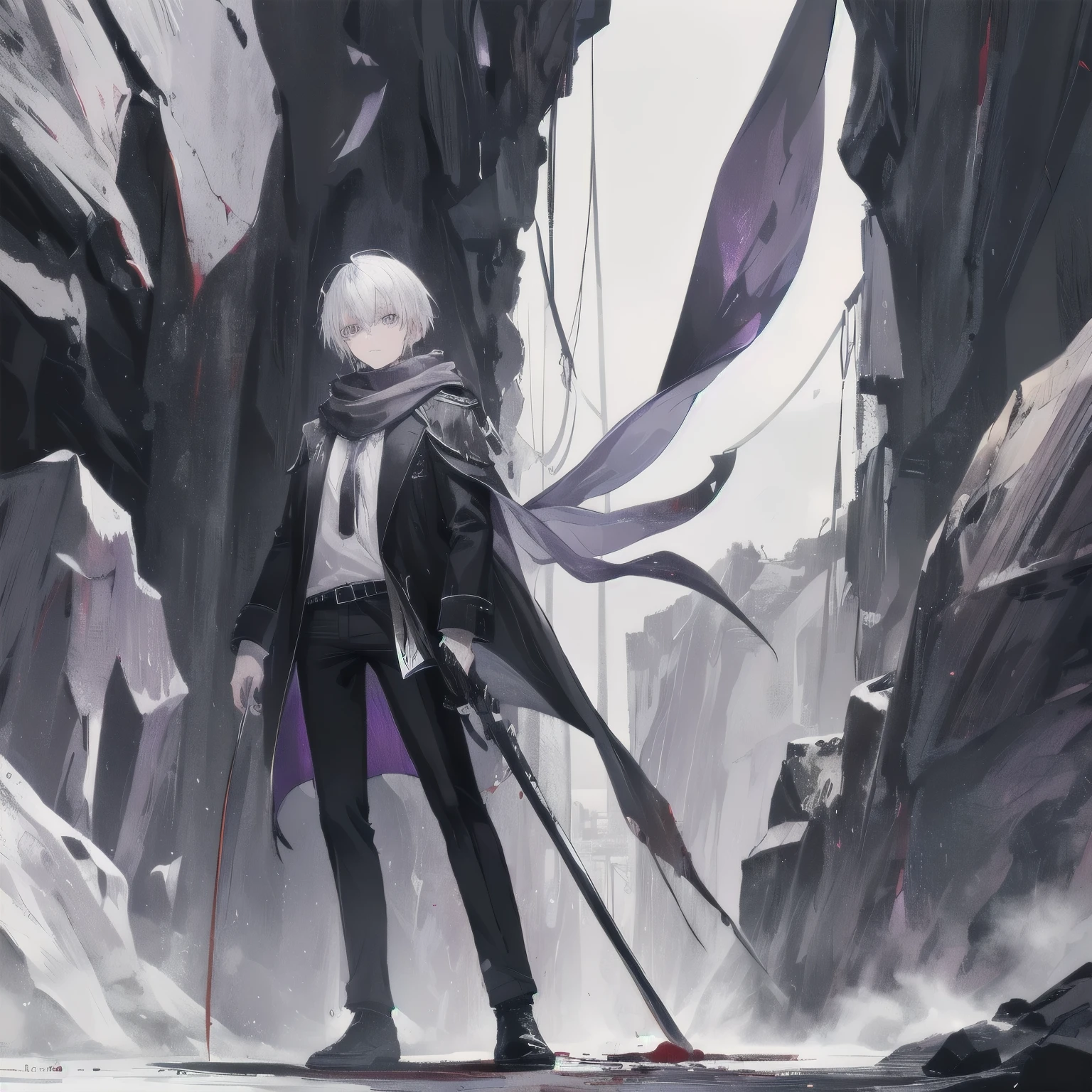 Man with silver hair, look handsome, white adventure cloth torn, black scarf, long black pants, purple eyes, blood on his clothes, standing alone in a dark cave, holding a 2 sword in both hands.