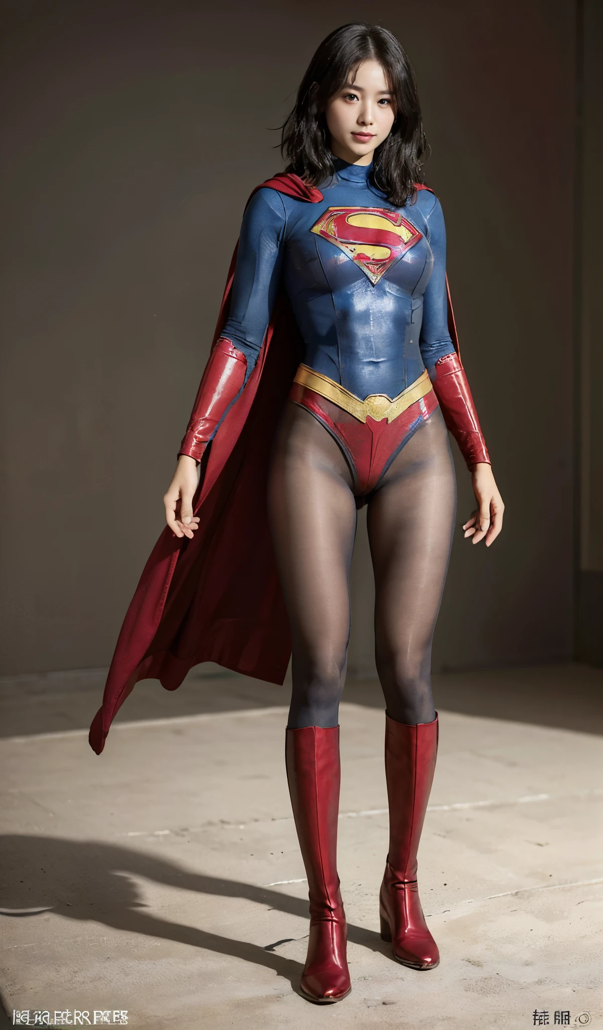 No background、(((Beautiful legs in black tights.)))、(((Legally express the beauty of your smile)))、((((Make the most of your original images)))、(((Supergirl Costume)))、(((beautiful short bob hair)))、(((suffering)))、(((Please wear black tights....、Wear red boots)))、((Best image quality、8K))、((highest quality、8K、masterpiece:1.3))、(((Preserve background )))、Sharp focus:1.2、Beautiful woman with perfect figure:1.4、Thin abdominal muscles:1.2、Wet body:1.5、Highly detailed face and skin texture、8K