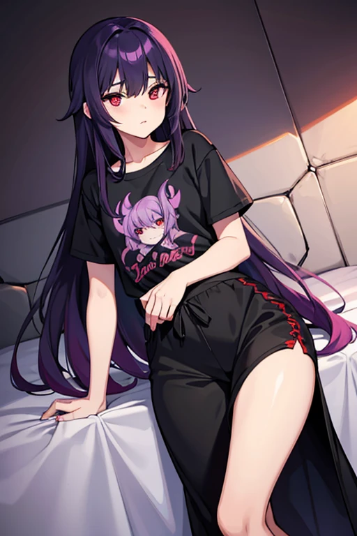 1boy, black lilac hair, long hair, red eyes, casual clothes