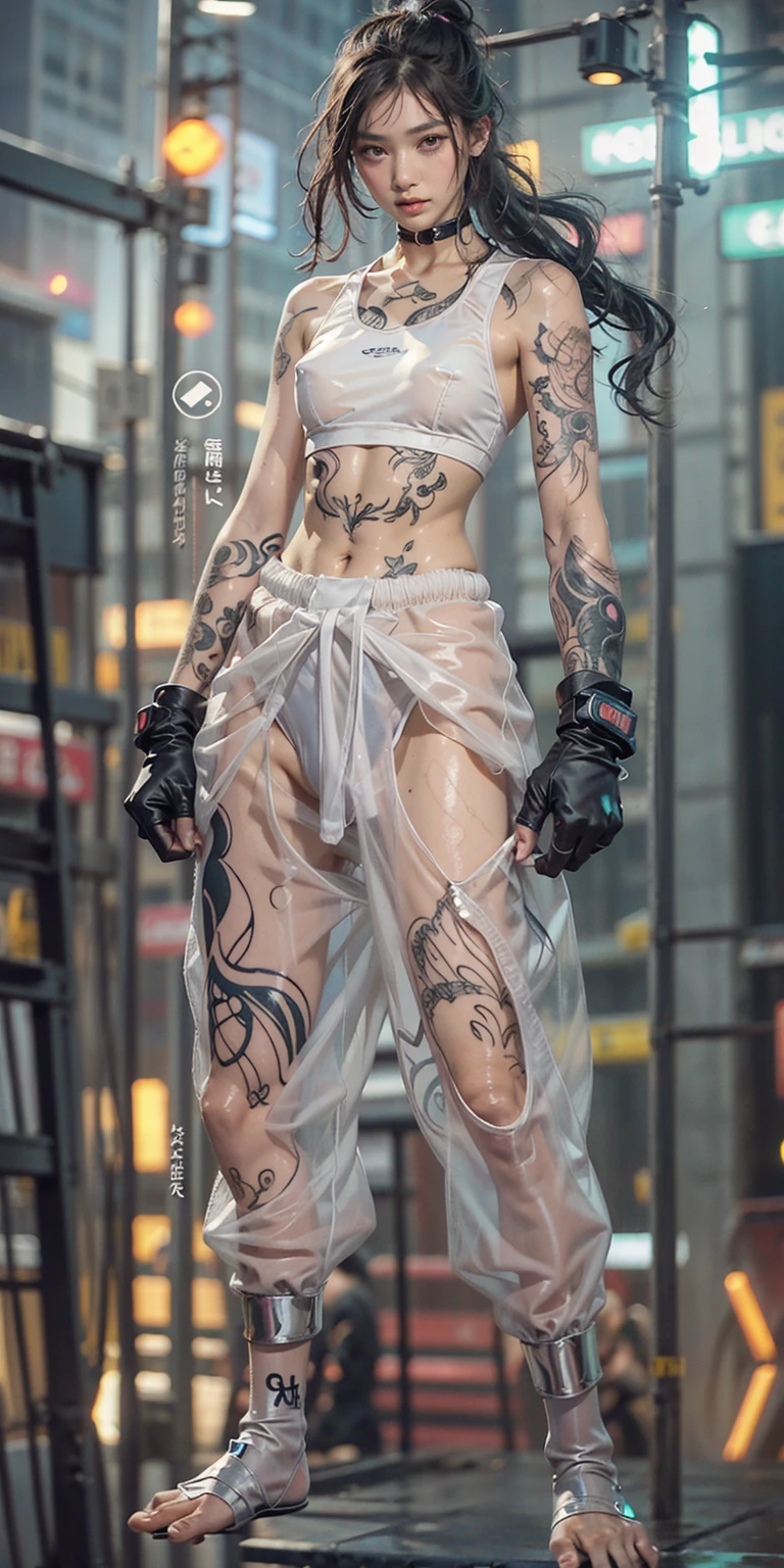 highest quality、surreal、perfect anatomy、crowded downtown area、Wet and shiny white skin、model body shape、black micro bikini、Black mechanical fist、Sweat dripping all over the body、Silver hair with colorful mesh、Super small face、blush、Ahegao、Rainy evening、Natural lighting、Cyberpunk City、neon lights、urban techwear、Full body tattoos、tattoo、Surrounded by spectators、Crowd、