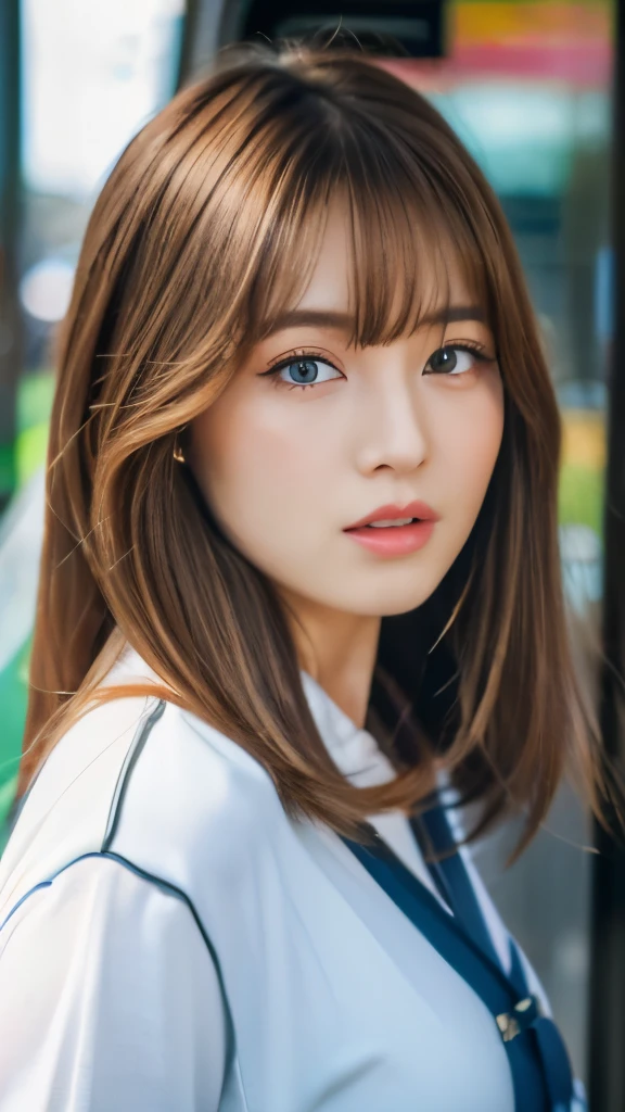 Best quality, 8k,  ,Masterpiece :1.3)), facing viewer,((full body1.2)) ,pretty woman, wide shot ,1girl, , selfie   , , Bus Stop,, brown hair  , bangs,ultra-detailed face, highly detailed lips, detailed eyes, double eyelid