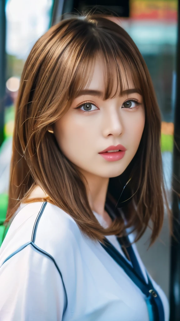 Best quality, 8k, ,Masterpiece :1.3)), facing viewer,((full body1.2)) ,pretty woman, wide shot ,1girl, , selfie , , Bus Stop,, brown hair , bangs,ultra-detailed face, highly detailed lips, detailed eyes, double eyelid