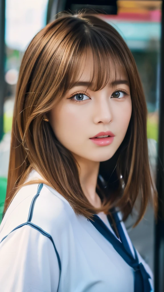 Best quality, 8k, ,Masterpiece :1.3)), facing viewer,((full body1.2)) ,pretty woman, wide shot ,1girl, , selfie , , Bus Stop,, brown hair , bangs,ultra-detailed face, highly detailed lips, detailed eyes, double eyelid