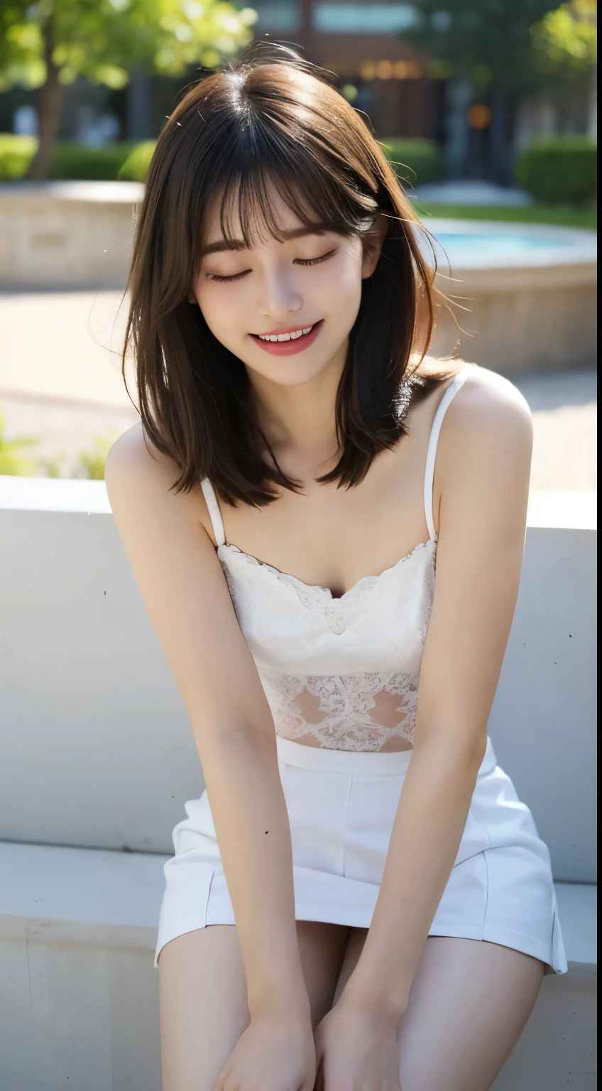 Very beautiful and angelic cute girl, beautiful and detailed eyes, dense double eyelids, (closed eyes kissing face: 1.3), long eyelashes, see-through bangs, (beautiful detailed face and eyes: 1.4), small nose , small mouth, beautiful short bob hair, happy smile showing teeth, camisole and miniskirt (highest quality: 1.2) above the knee, raw photo, high resolution, perfect details, professional shooting, beautiful woman in white underwear, beautiful legs ,illumination