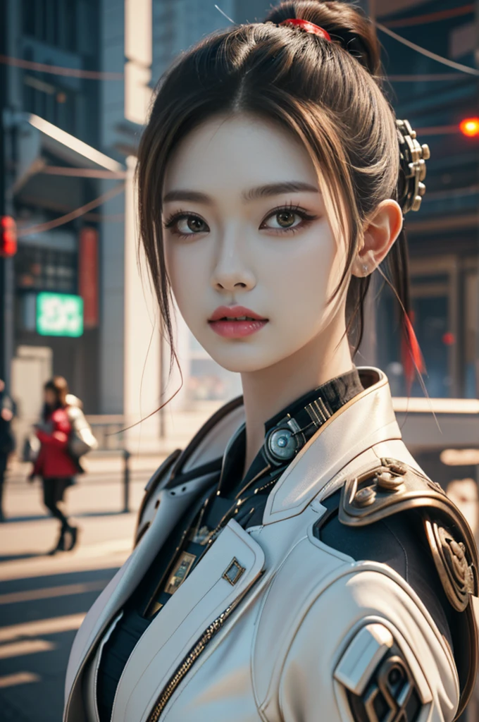 Game art,The best picture quality,Highest resolution,8K,(A bust photograph),(Portrait),(Head close-up:1.5),(Rule of thirds),Unreal Engine 5 rendering works, (The Girl of the Future),(Female Warrior), 22-year-old girl,(Female hackers),(White and red gradient,Ancient Oriental hairstyle),((The pupils of the red eyes:1.3)),(A beautiful eye full of detail),(Big breasts),(Eye shadow),Elegant and charming,indifferent,((Anger)),(Cyberpunk jacket full of futuristic look,Joint Armor,There are exquisite Chinese patterns on the clothes,A flash of jewellery),Cyberpunk Characters,Future Style, Photo poses,City background,Movie lights,Ray tracing,Game CG,((3D Unreal Engine)),oc rendering reflection pattern