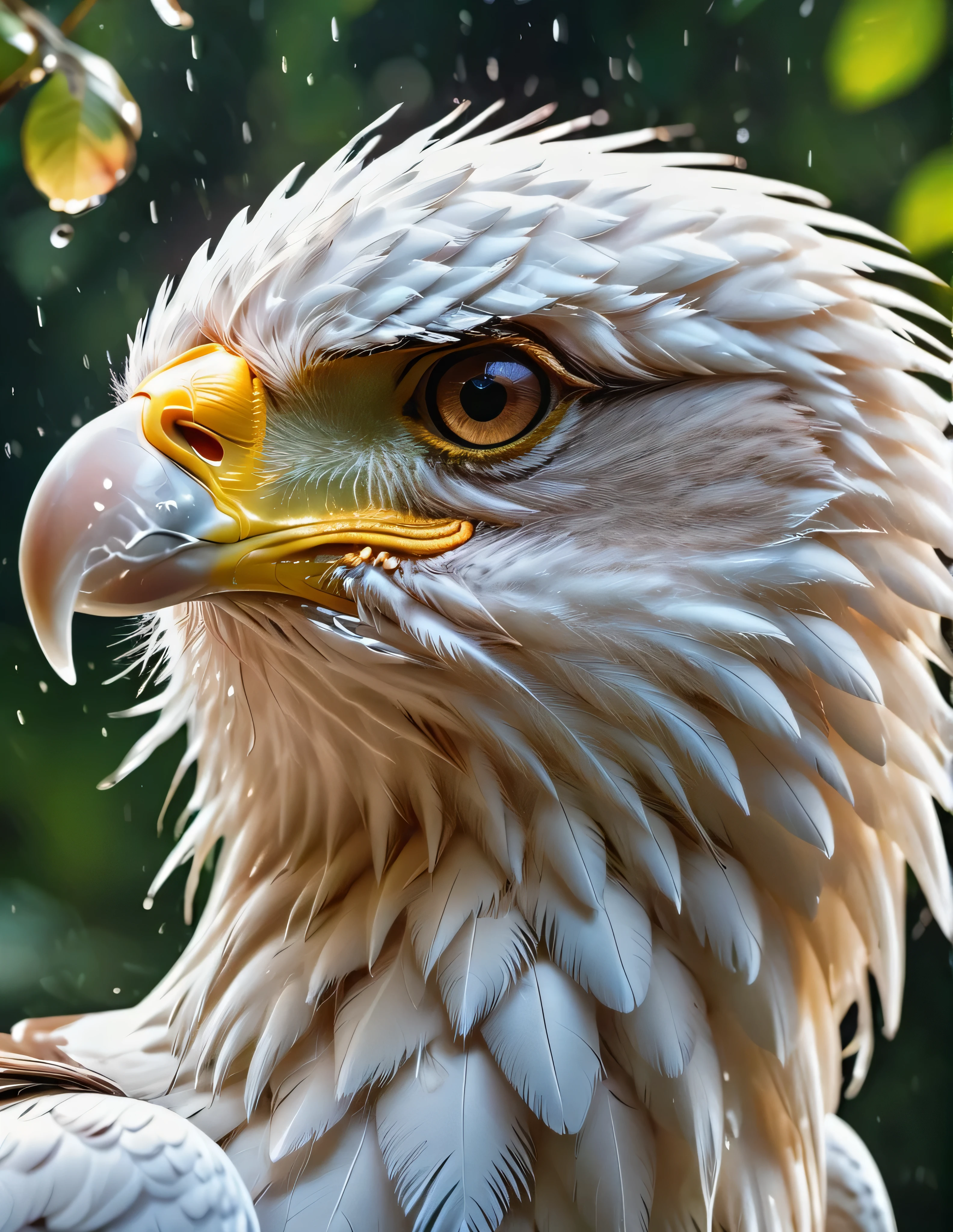 #quality(8k wallpaper of extremely detailed CG unit, masterpiece, hight resolution, top-quality, top-quality real texture skin,hyper realisitic, digitial painting,increase the resolution,RAW photos,best qualtiy,highly detailed,the wallpaper),BREAK,white eagle head(full body,bathe,beautiful white ,shiny feathers,head close up shot, repelling water),#background(,in beautiful forest,dappled sunlight,raining),(head close up shot:2.0)