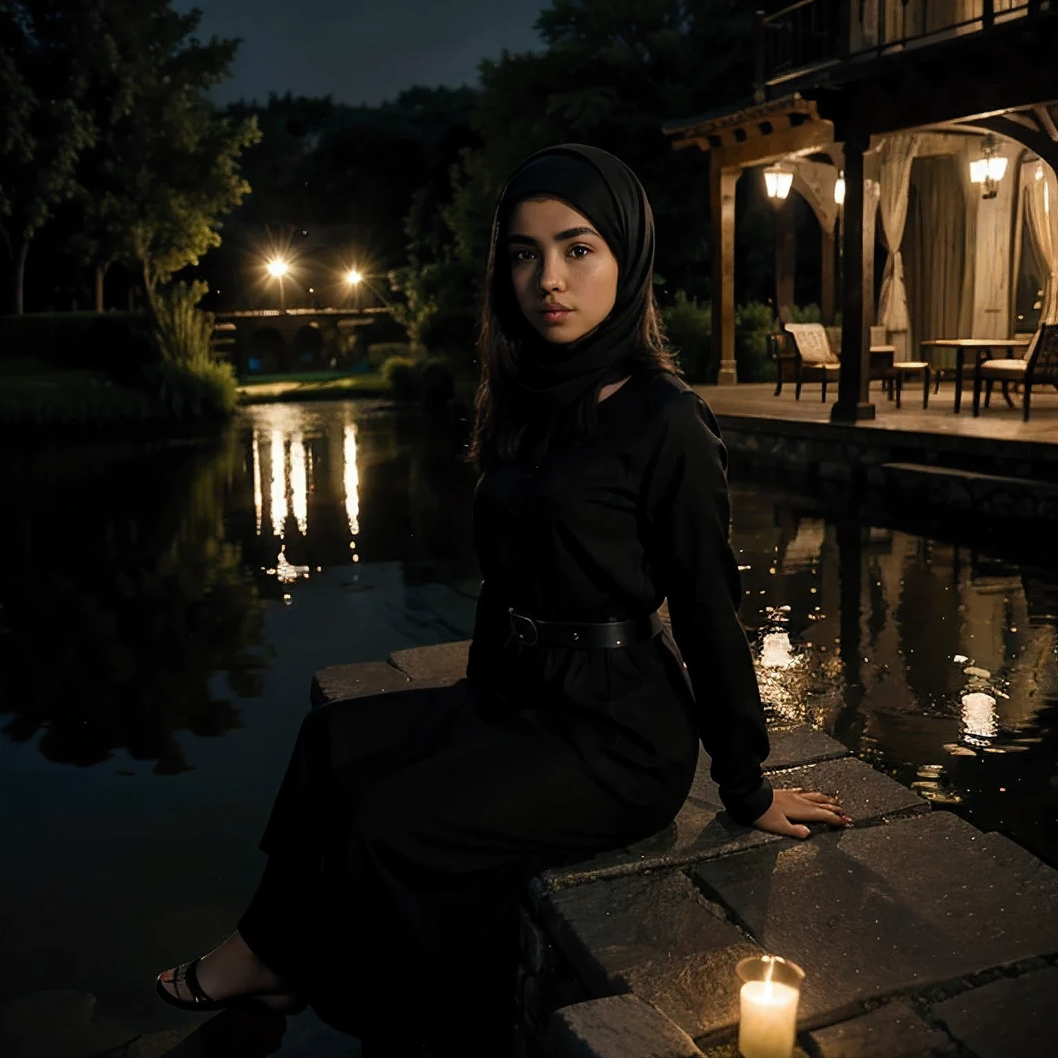 masterpiece,best quality,cinematic,dramatic,dynamic,1 muslim girl,landscape,lake,sitting,night,illumination,pond,face