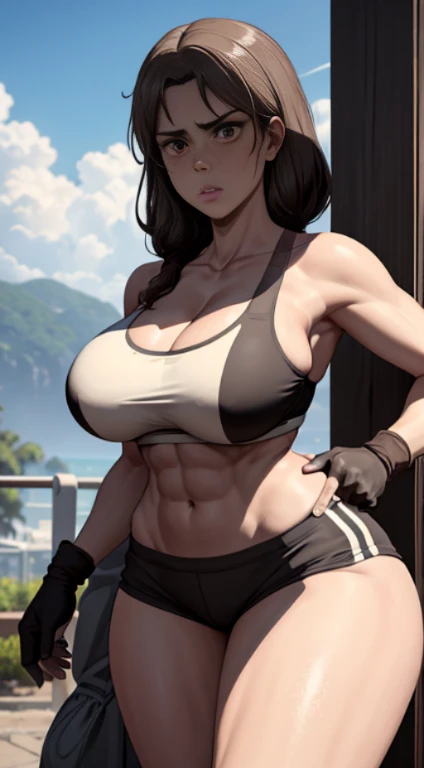 one girl, big sized breasts, busty girls, cleavages, deep cleavages, anger expressions, angry face, wet body, boxing gloves, MILF, thigh legs, sweating, muscular arms, abs, shiny skin, wet body, wet hair, Long black hair, hair over shoulder,  brown eyes, sports bra and shorts, perfect curvy shaped body, sports bra and shorts ,boxing gloves, ultra realistic squinting sexy eyes , sports bra and shorts and boxing gloves, , massive sized breasts, both are standing, thigh legs, brown colour eyes, ultra realistic detailed shiny brown eyes, beautiful and perfect face, sunlight and garden background, black hair, bright brown colour eyes