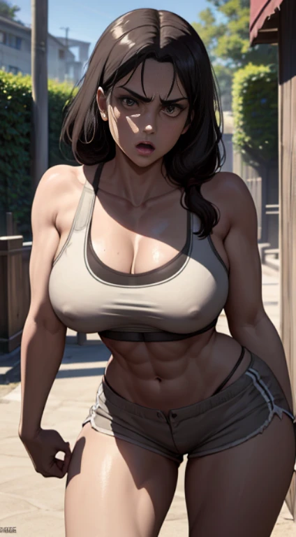 one girl, big sized breasts, busty girls, cleavages, deep cleavages, anger expressions, angry face, wet body, boxing gloves, MILF, thigh legs, sweating, muscular arms, abs, shiny skin, wet body, wet hair, Long black hair, hair over shoulder, brown eyes, sports bra and shorts, perfect curvy shaped body, sports bra and shorts ,boxing gloves, ultra realistic squinting sexy eyes , sports bra and shorts and boxing gloves, , massive sized breasts, both are standing, thigh legs, brown colour eyes, ultra realistic detailed shiny brown eyes, beautiful and perfect face, sunlight and garden background, black hair, bright brown colour eyes