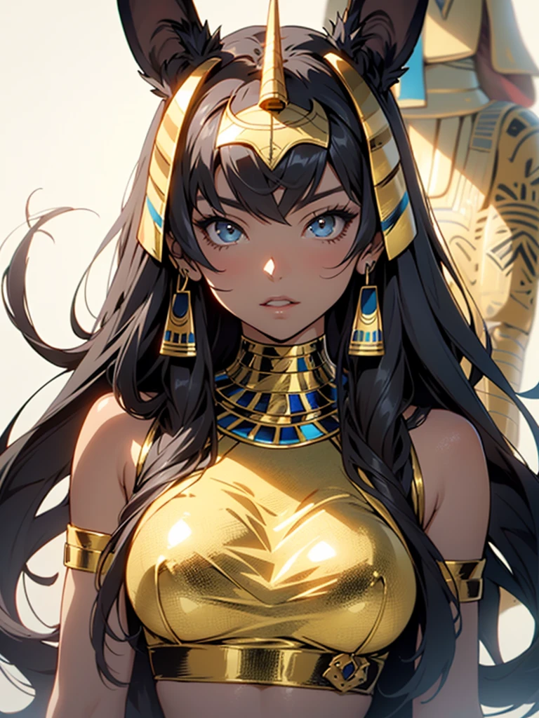 ((anime style)) 1girl ((female Anubis Egyptian goddess)), dark hair, ((brown skin)), Egyptian clothes, depth of field, vibrant colors, great pose, best quality, seductive eyes, full body, looking at viewer,