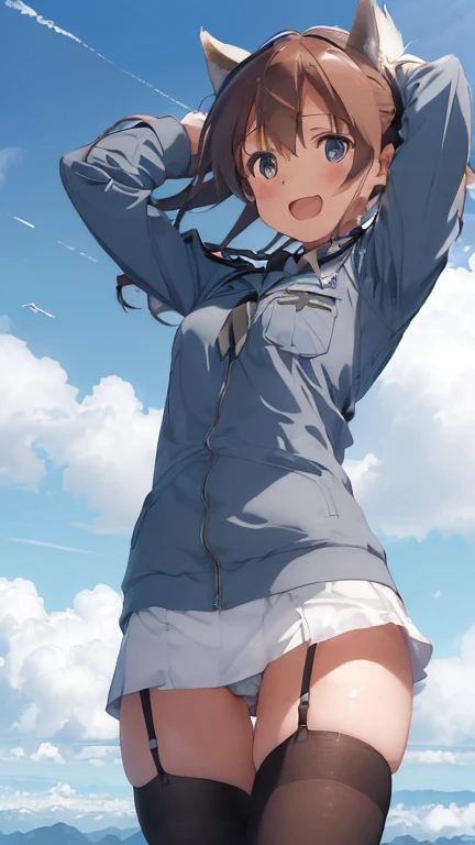 {(ultra realistic photo graphic style:1.4)}, {(1girl florating in the sky at an altitude of 10000m:1.2), (out of focus background:1.4)}, {1girl, 18yo, beasts_ears, beasta_tail}, (strike witches:1.2)}, {(cheerful:1.4), (candid shot)}
, {(inner_thighs showing pose:1.4)}