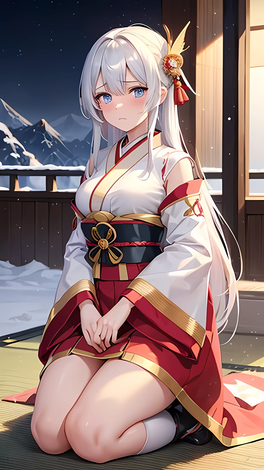 19 years old young girl, short height (155 cm), long white hair (waist-length), icy blue eyes, busty figure (D-cup), wears traditional kimono (red and gold-colored), Oda clan crest on sleeves, golden butterfly hairpin, kneeling in snowstorm, crying, pained expression