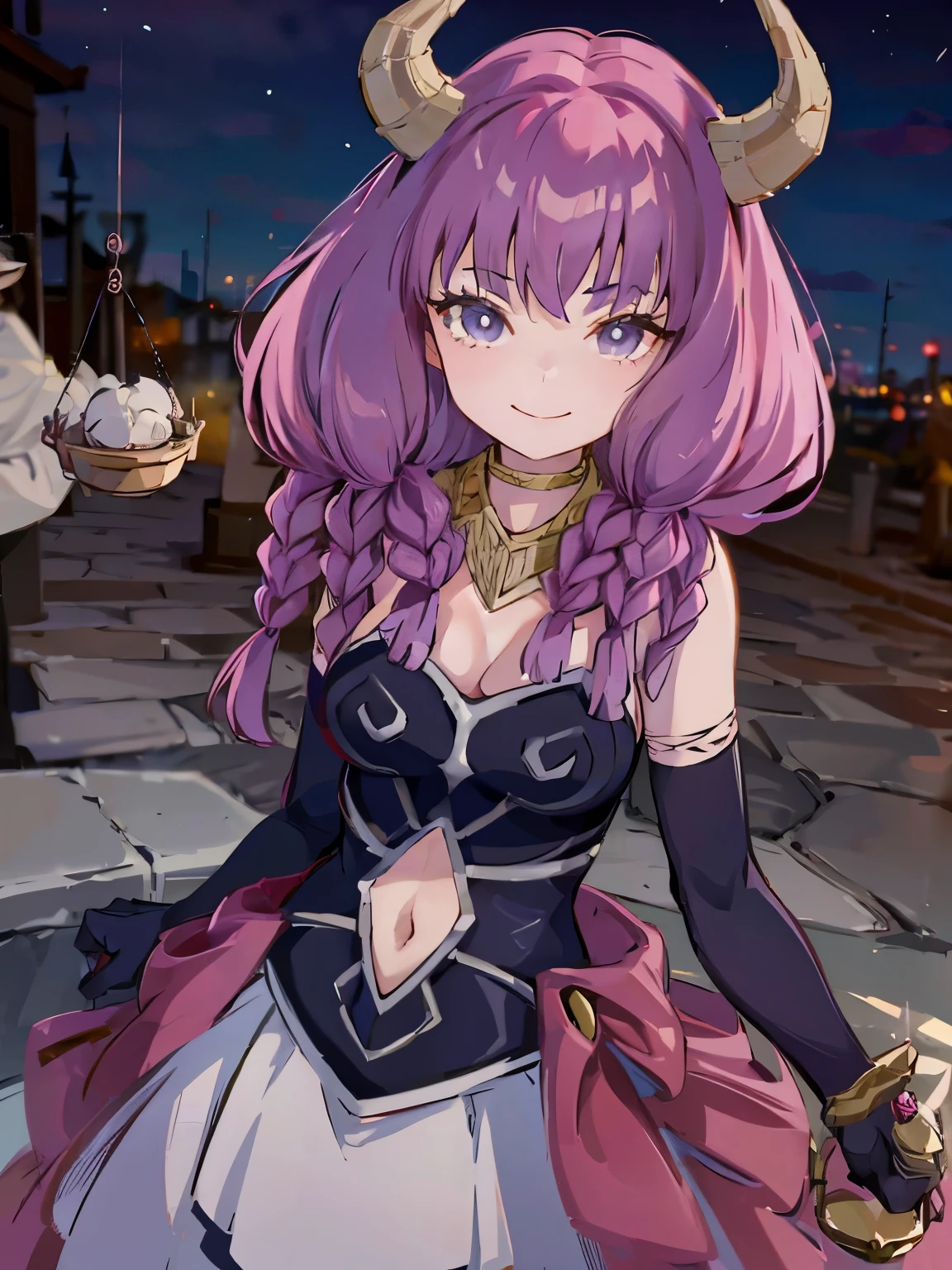 confident smile,bright eyes,big smile, AURA, HORNS, LONG HAIR, LOOKING AT VIEWER, BRAID, GLOVES, TWIN BRAIDS, ELBOW GLOVES, NAVEL, BLACK GLOVES, CLEAVAGE, NAVEL CUTOUT, CLOTHING CUTOUT, SKIRT, BARE SHOULDERS, LARGE BREASTS BREAK Create a haunting and atmospheric image of a graveyard at night, with tombstones shrouded in mist and eerie moonlight casting long shadows.