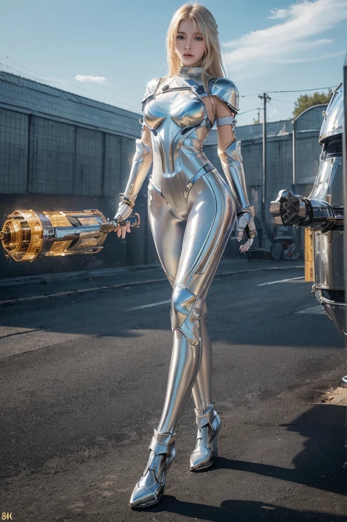 ((highest quality, 8k, masterpiece: 1.3)), One girl (Attractive Russian model Nata Lee), Light blonde hair, Shiny skin, sharp, Perfect body beauty, Perfect body with realistic shading, ("Bodysuits ,transparent " :1.2), (Machine Armor Gloves:1.2), (mechanical armor leggins:1.2) ,big_chest ,mechanical, thigh ,Dynamic pose, No bra, Wind, electricity, Exquisite details, battlefield