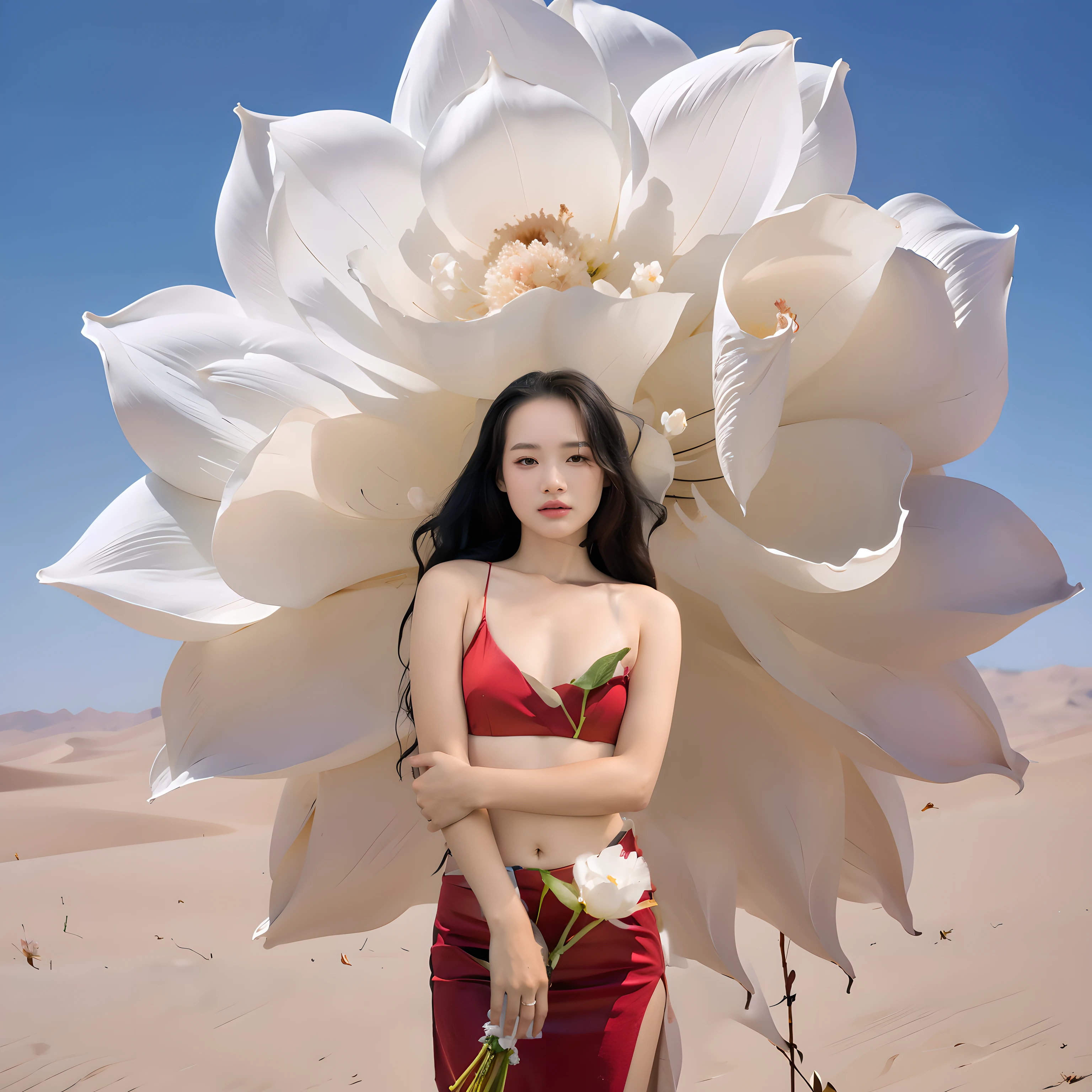 wearing(Red Dress:1.5)Arav woman standing in front of a large white flower, Surreal Waizi Flowers, Standing gracefully on the lotus, Giant flower, flower storm portrait, Giant flower头, Flower Goddess, inspired by Gao Xiang, Inspired by Ai Xuan, surrounded by flowers, Inspired by Park Jung-kook, Standing in the flower field