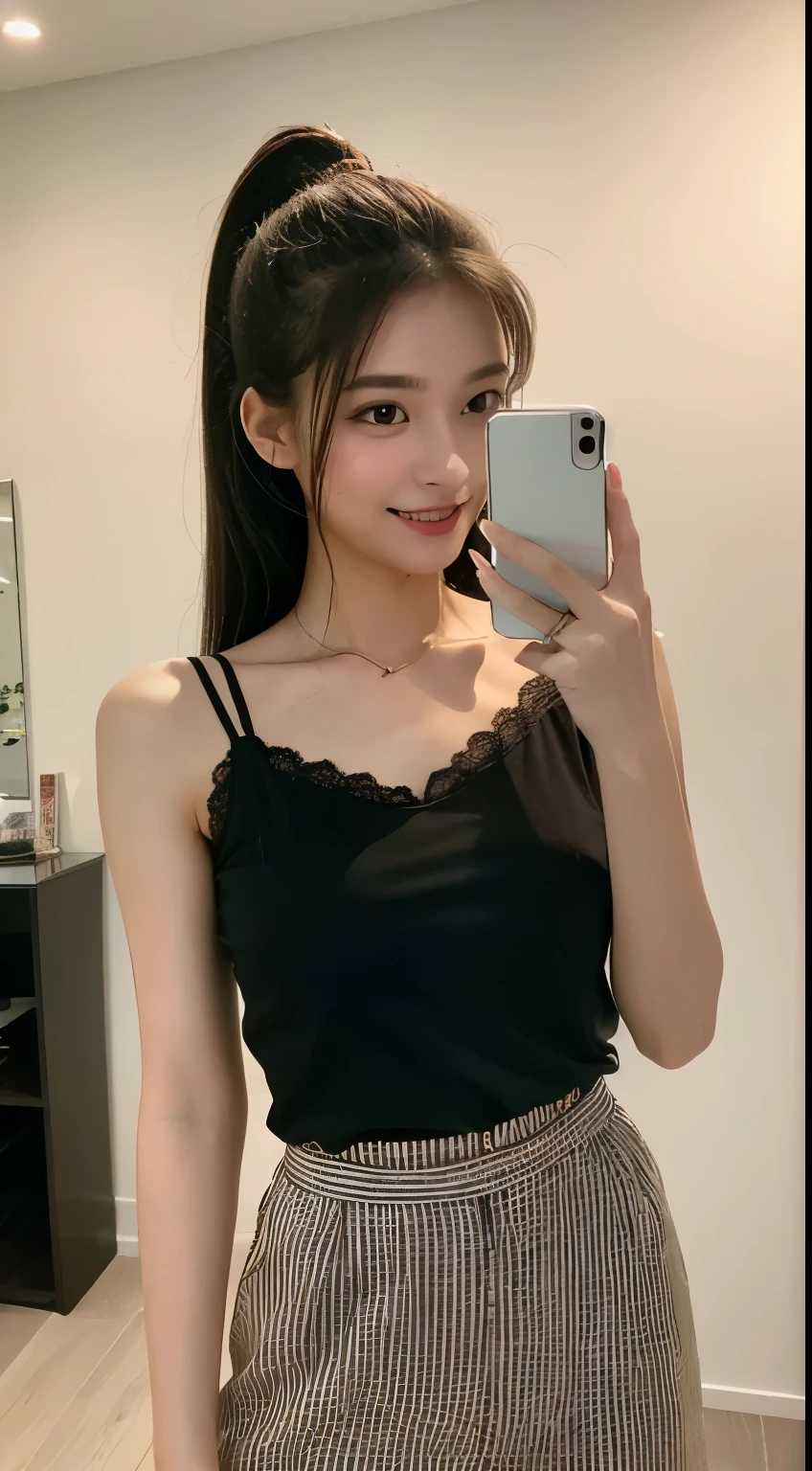 (masterpiece, Highest quality:1.2), One girl, alone、camisole、mini skirt、White panties、Small breasts、Selfie、smile、Sticking out tongue、Embarrassed blush、Flat Chest