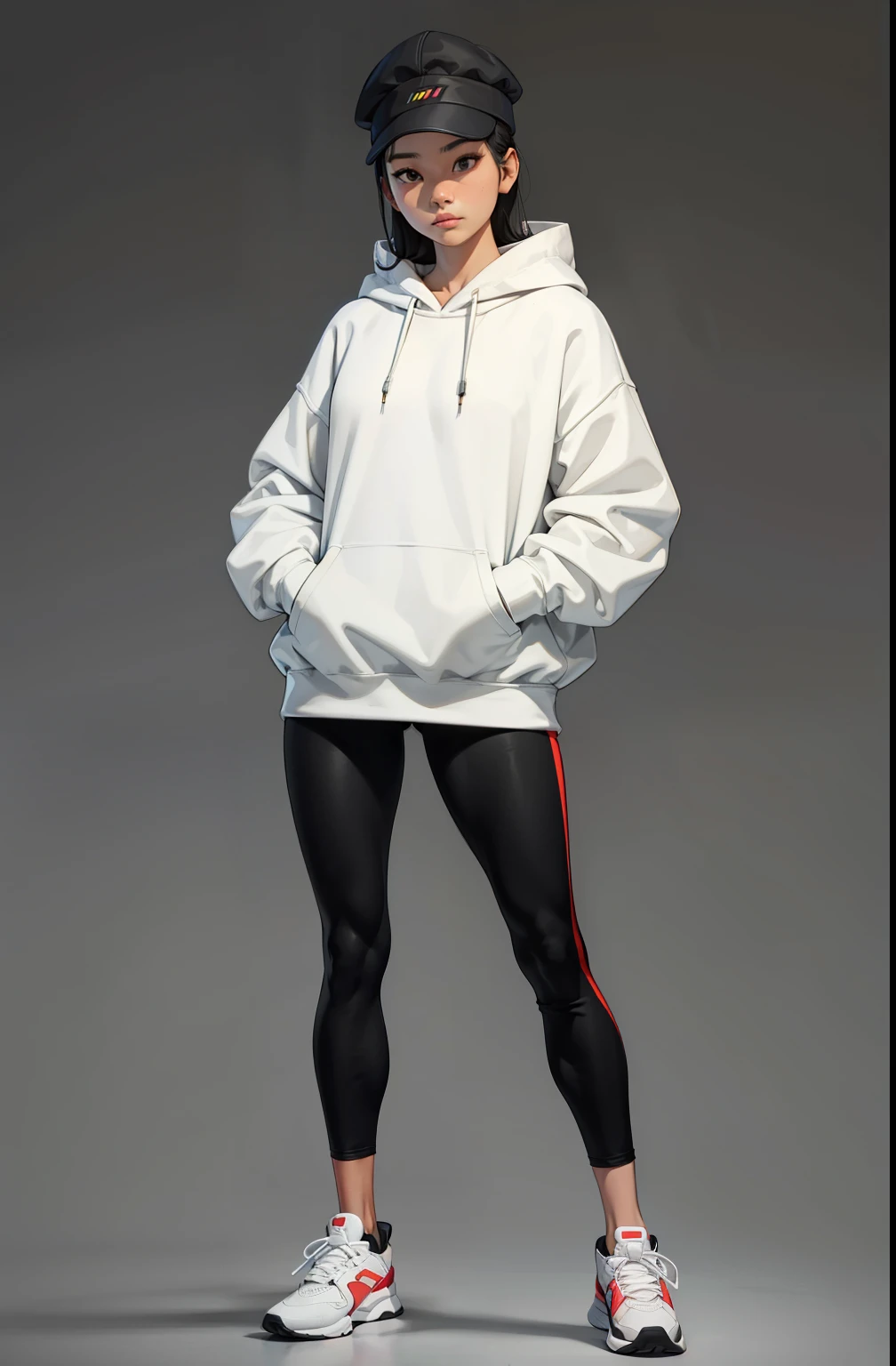 Asian girl, soft or colorful lips, simple black background, Minimalism, monotonous, bright color palettes, wearing a big fluffy sweatshirt, leggings, gym sneakers, cold cap, standing, hands in pockets, perfect hands, perfect anatomy,