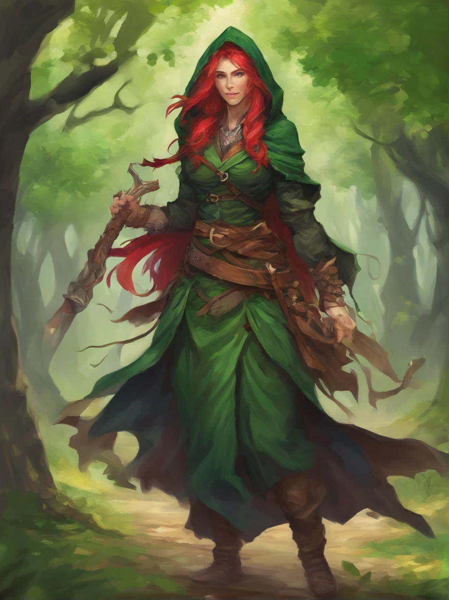 Frau, alter 30, athletic physique, mechanische Arme, Laserschwert in der rechten Hand, Long green dreadlocks, dark hooded cloak over the back
