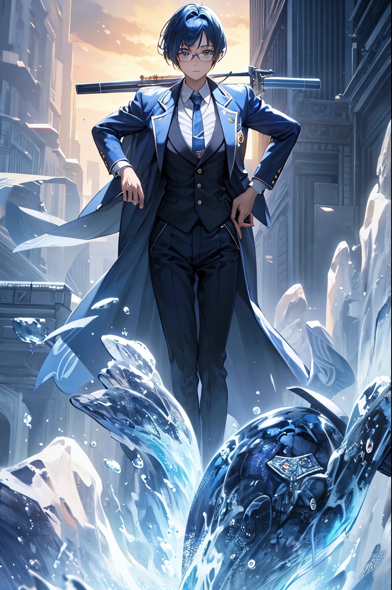 female detective, rod, single glasses, vest, overcoat, blue hair, tie, chilling, water bender, formal suit,  best quality anime 16k wallpaper quality, extreme eye and body detail,  high resolution , masterpieces, ultra lighting, starlight, close-up, creative, scale up