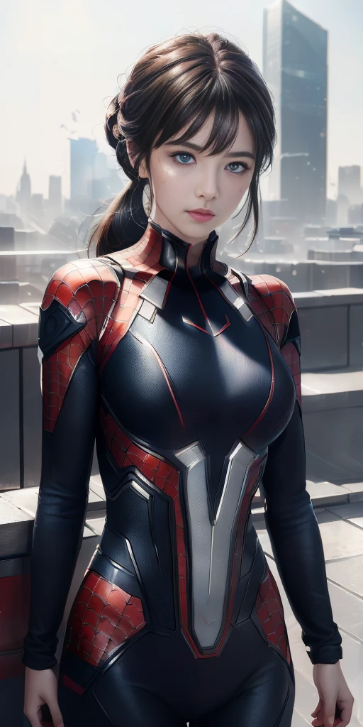(1girl:1.3), Solo, (((Very detailed face)))), ((Very detailed eyes and face)))), Beautiful detail eyes, Body parts__, Official art, Unified 8k wallpaper, Super detailed, beautiful and beautiful, beautiful, masterpiece, best quality, original, masterpiece, super fine photo, best quality, super high resolution, realistic realism, sunlight, full body portrait, amazing beauty, dynamic pose, delicate face, vibrant eyes, (from the front), She wears Spider-Man suit, red and black color scheme, spider, very detailed city roof background, rooftop, overlooking the city, detailed face, detailed complex busy background, messy, gorgeous, milky white, highly detailed skin, realistic skin details, visible pores, clear focus, volumetric fog, 8k uhd, DSLR, high quality, film grain, fair skin, photo realism, lomography, futuristic dystopian megalopolis, translucent,poneyTail