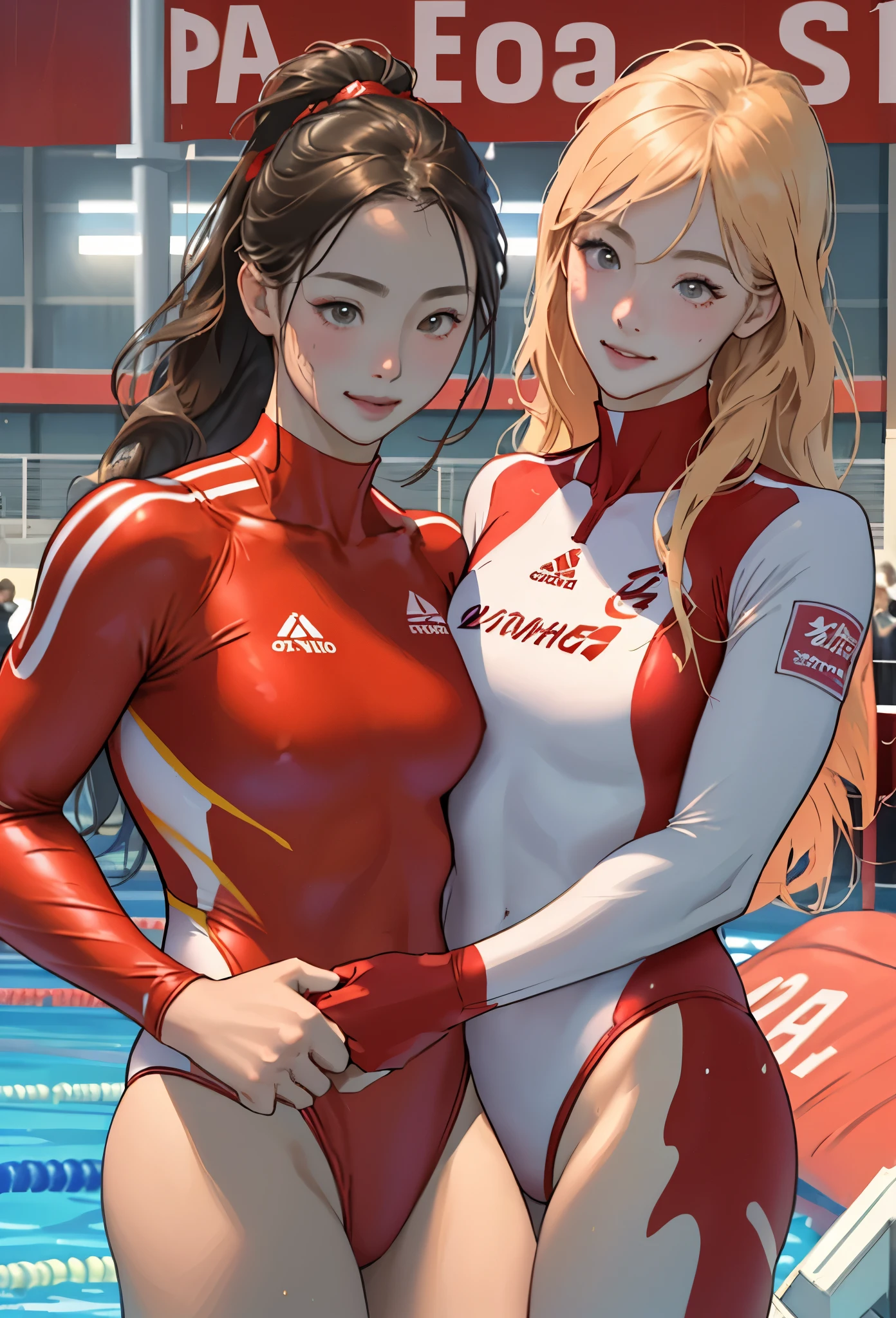 masterpiece、highest quality、High resolution、Two realistic girls、Competitive swimmer、Close-up of a person、Wearing a red bodysuit、During Competitive swimmerics competitions、smile、Swimming Venues、Sexy competitive swimsuit
