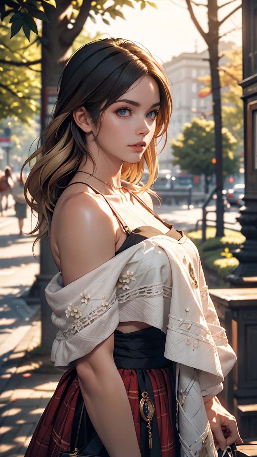 One girl, Medium chest, Blonde, Long Hair, Wavy Hair, Grey Eyes, Outdoor, White summer dress decorated with lace, Choker with lace embellishment, Sexy proportions、Red inner color、Narrow waist、Long eyelashes、Good looking、smile、Mules、wrap a scrunchie around your wrist