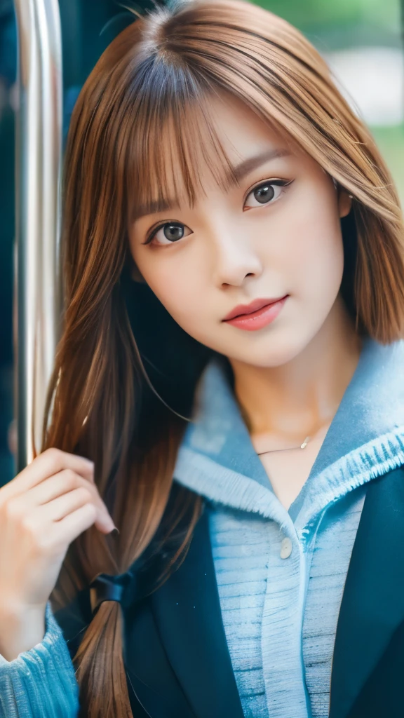 Best quality, 8k, ,Masterpiece :1.3)), facing viewer,((full body1.2)) ,pretty woman, wide shot ,1girl, , selfie , , Bus Stop,, brown hair , bangs,ultra-detailed face, highly detailed lips, detailed eyes, double eyelid