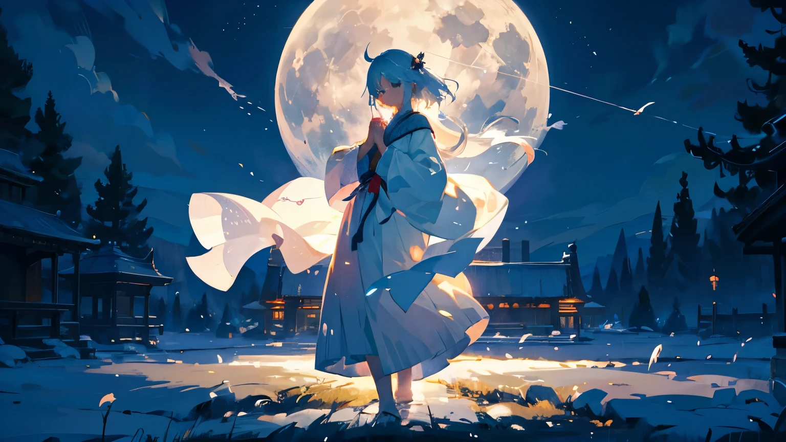 White cloth ghost From the fabric2Book with hands growing Flying in the night sky The full moon fills the field of vision Shrine grounds
