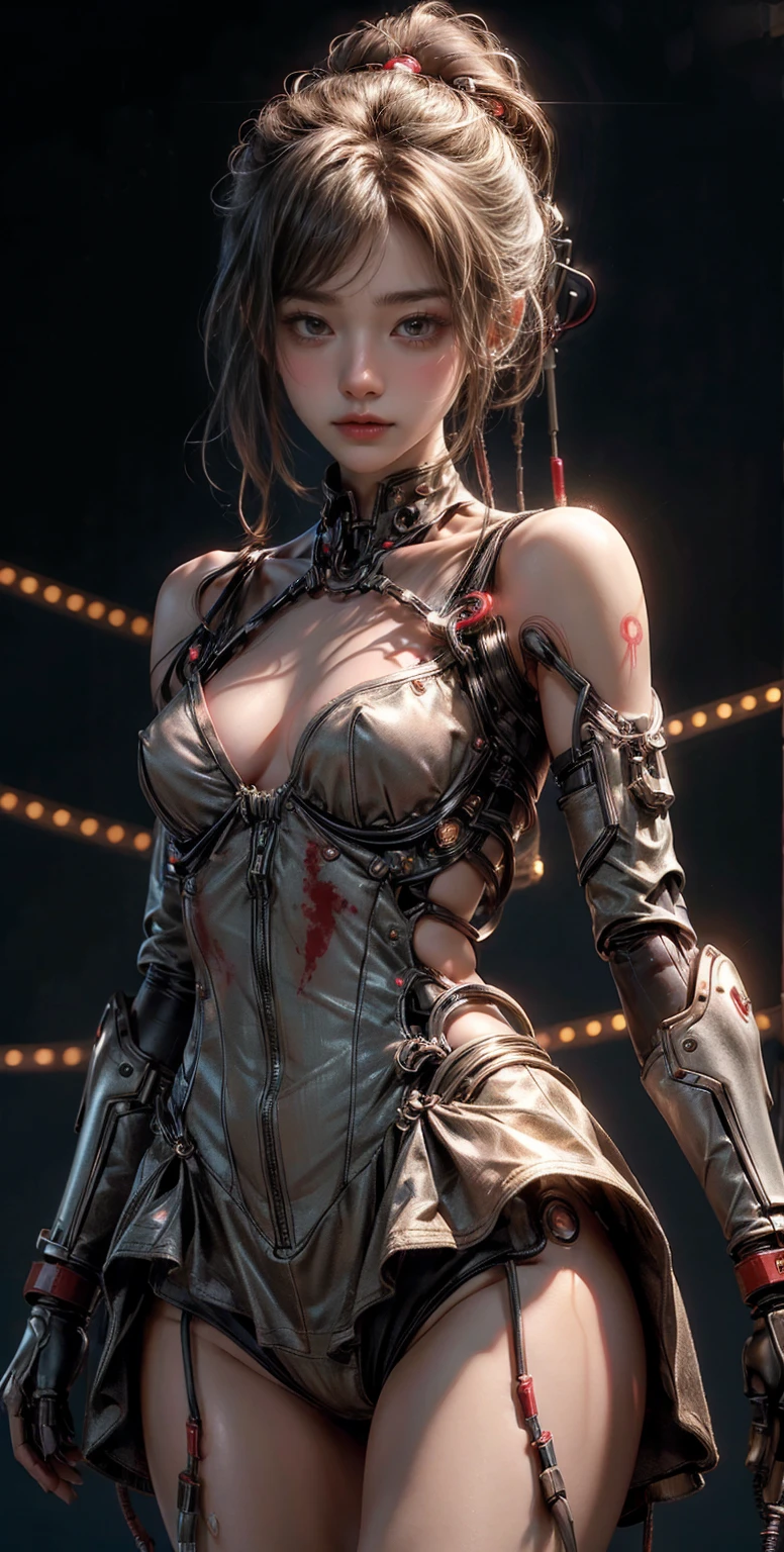 (1 Mechanical Girl)、top-quality、masterpiece、超A high resolution、(Photorealsitic:1.4)、Raw photo、1 girl、Golden hair、glowy skin、(((1 Mechanical Girl)))、(LED Lamp Mechanical Helmet)、(Small LED)、((super realistic details))、portlate、globalillumination、Shadow、octan render、8K、ultrasharp、Colossal tits、Raw skin is exposed in cleavage、metals、Details of complex ornaments、Japan details、highly intricate detail、Realistic light、CGSoation Trends、Red Eyes、radiant eyes、Facing the camera、neon detailechanical limbs)、(blood vessels connected to tubeechanical vertebrae attached to the back、mechanical cervical attaching to neck、(Wires and cables connecting to the head)、Gundam、Small LED、,Mechanical thighs、Toostock、
