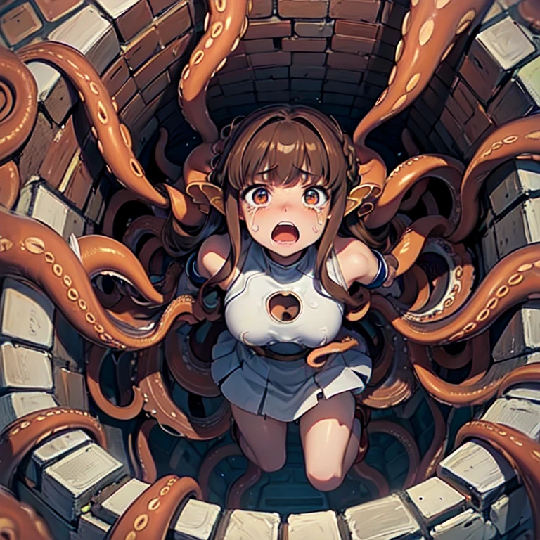 masterpiece,highest quality,Very detailed,One girl,alone,surprised,Cry with your eyes open,tears,tear up,The pupils constrict,shout,Scared,
Ah ah,Long Hair,Brown Hair,Braiding,Brown eyes,Exposing shoulders,armor,breastplate,White sleeves,Removable sleeves,
break
(((Tentacles,Too many,Too many Tentacles,From above, whole body, brick hole))),square pit,floating,View your viewers,Reach your audience,From the outside,look up,