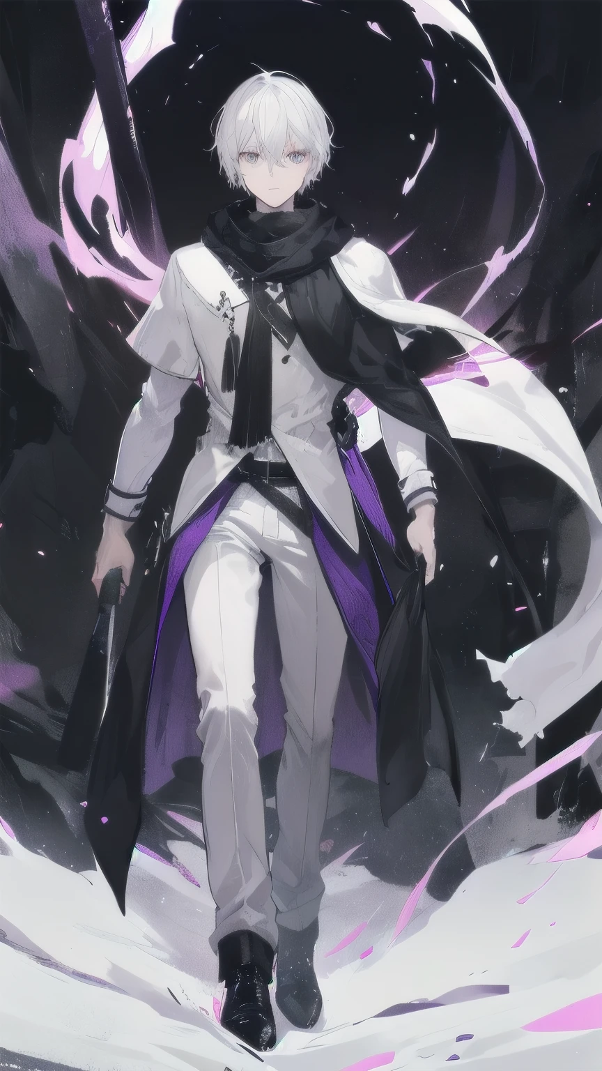 Man with silver hair, look handsome, white adventure cloth torn, black scarf, long black pants, purple eyes, blood on his clothes, standing alone in a dark cave, holding a 2 sword in hands.