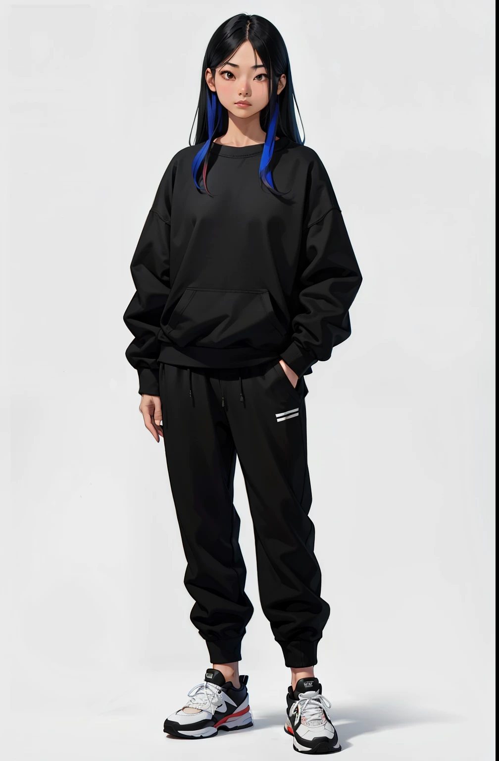 Asian girl, soft or colorful lips, simple black background, Minimalism, monotonous, bright color palettes, wearing a big fluffy sweatshirt, black pants, gym sneakers, standing, hands in pockets, perfect hands, perfect anatomy,

