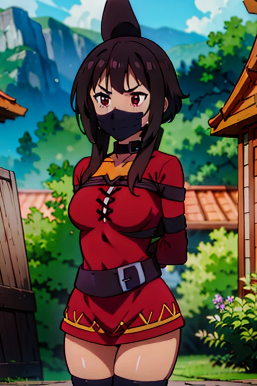 megumin \(konosuba\) enjoying, (complete shot), (shibari, arms behind the back:1.4), (face mask), (tight face mask), standing, stand up, front view