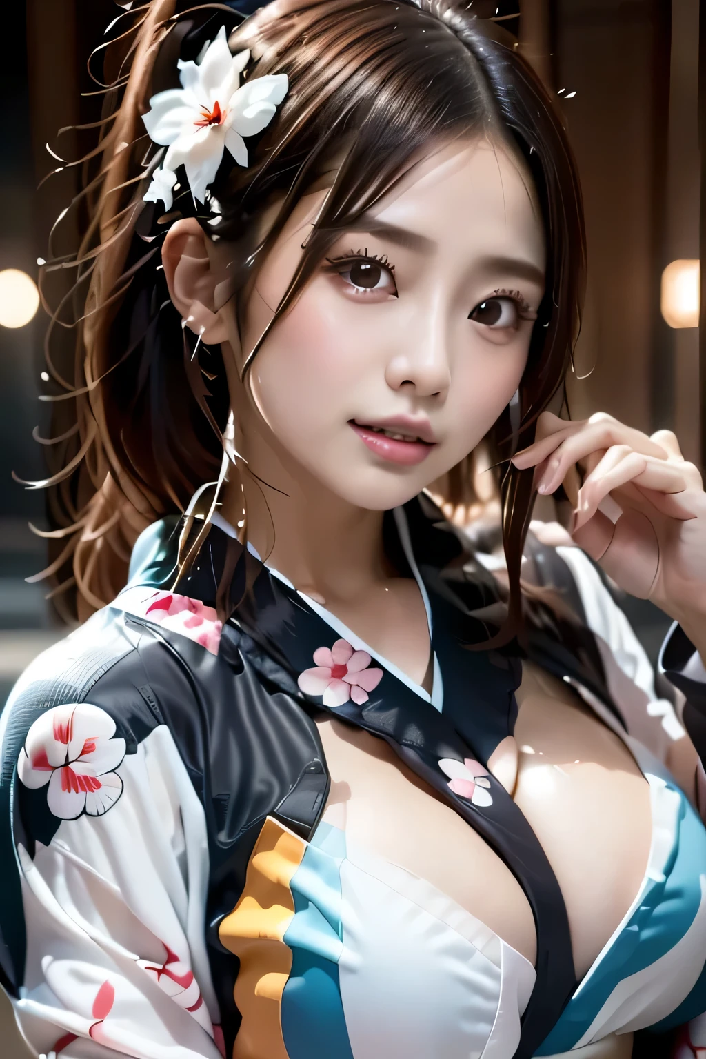 (((Gorgeous courtesan kimono:1.7))),(Beautiful mature woman in a noble courtesan kimono),(((Flashy and extravagant courtesan attire:1.3))),(Glamorous Jar)(Gorgeous floral hair ornament),Gorgeous floral braided top knot,(Very delicate and beautiful hair,),(((Accentuate larger breasts:1.3))),Fireworks shooting up into the sky against the backdrop of the riverbank at night.、Cute round face,Detailed garment features,Detailed hair features,Detailed facial features,Looking at the camera,(Dynamic Angle),(Dynamic and sexy pose),Cinematic Light,(Ultra-high resolution output images,Written boundary depth,Intricate details,Light and shadow contrast、The subject appears three-dimensional,) ,Single-lens reflex camera, (Realistic:1.3),(8K quality,Anatomically correct facial structure,),(SeaArt 2 Mode:1.3),(Picture Mode Ultra HD,)