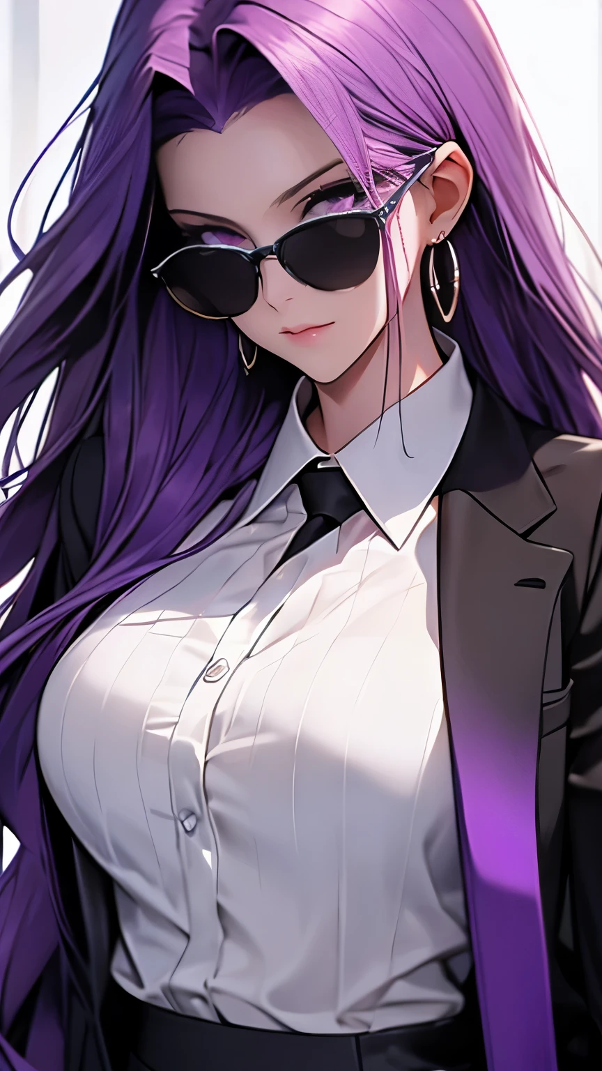 highest quality,masterpiece,High resolution,only,{Black business suit:1.40},{tie:1.20},{sunglasses:1.25},{White gloves:1.15},{ White shirt:1.10}, {Black Skirt:1.15}, good looking, {Medusa_FGO:1.15}, length_hair, purple_hair, very_length_hair, purple_eye, chest, big_chest