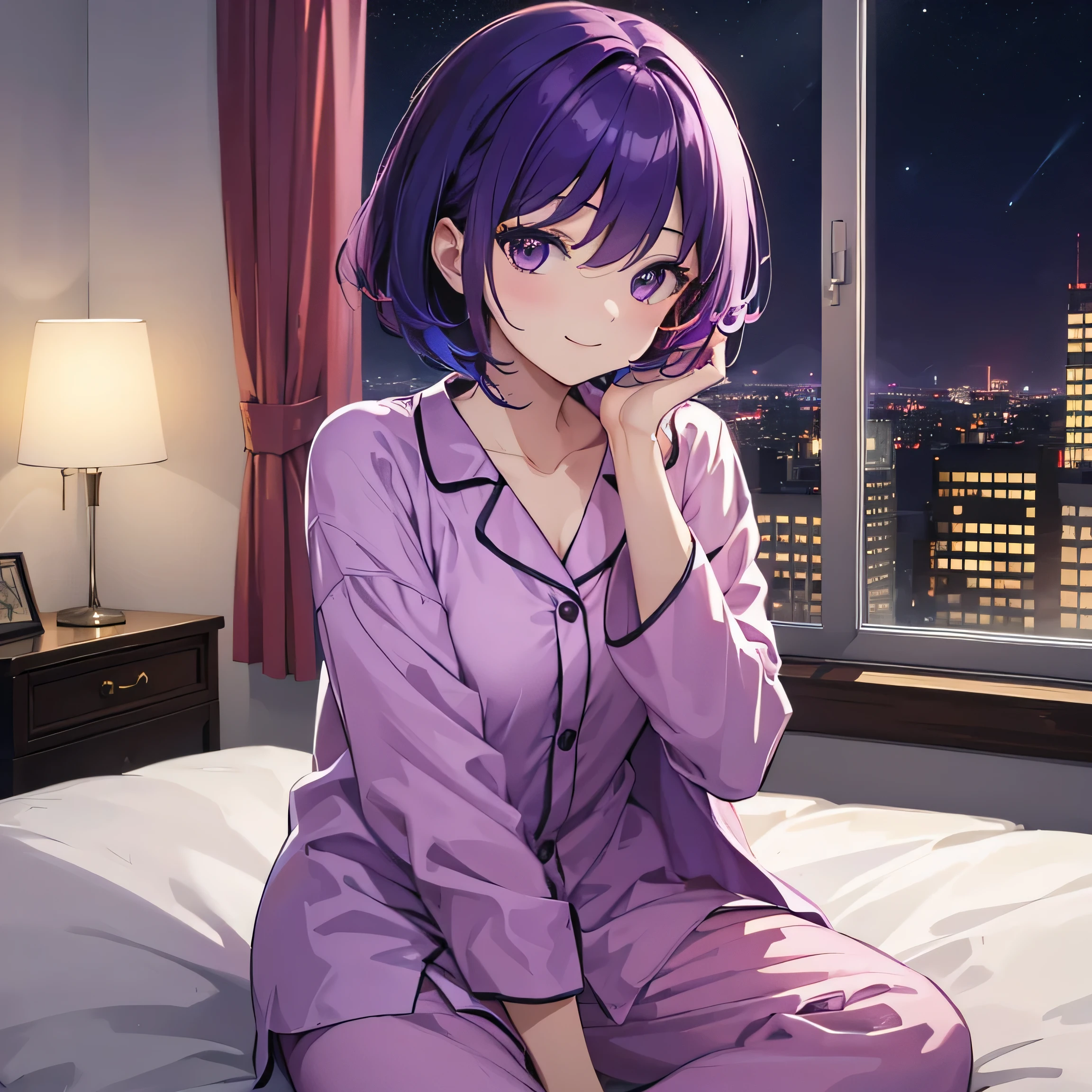 (T Masterpiece,4k wallpaper,Best Quality))、((girl1people))、(solo)、Bright and Brilliant,(Purple Hair)、(Shortcuts:1.3)、smile、Bedroom、pajamas、night