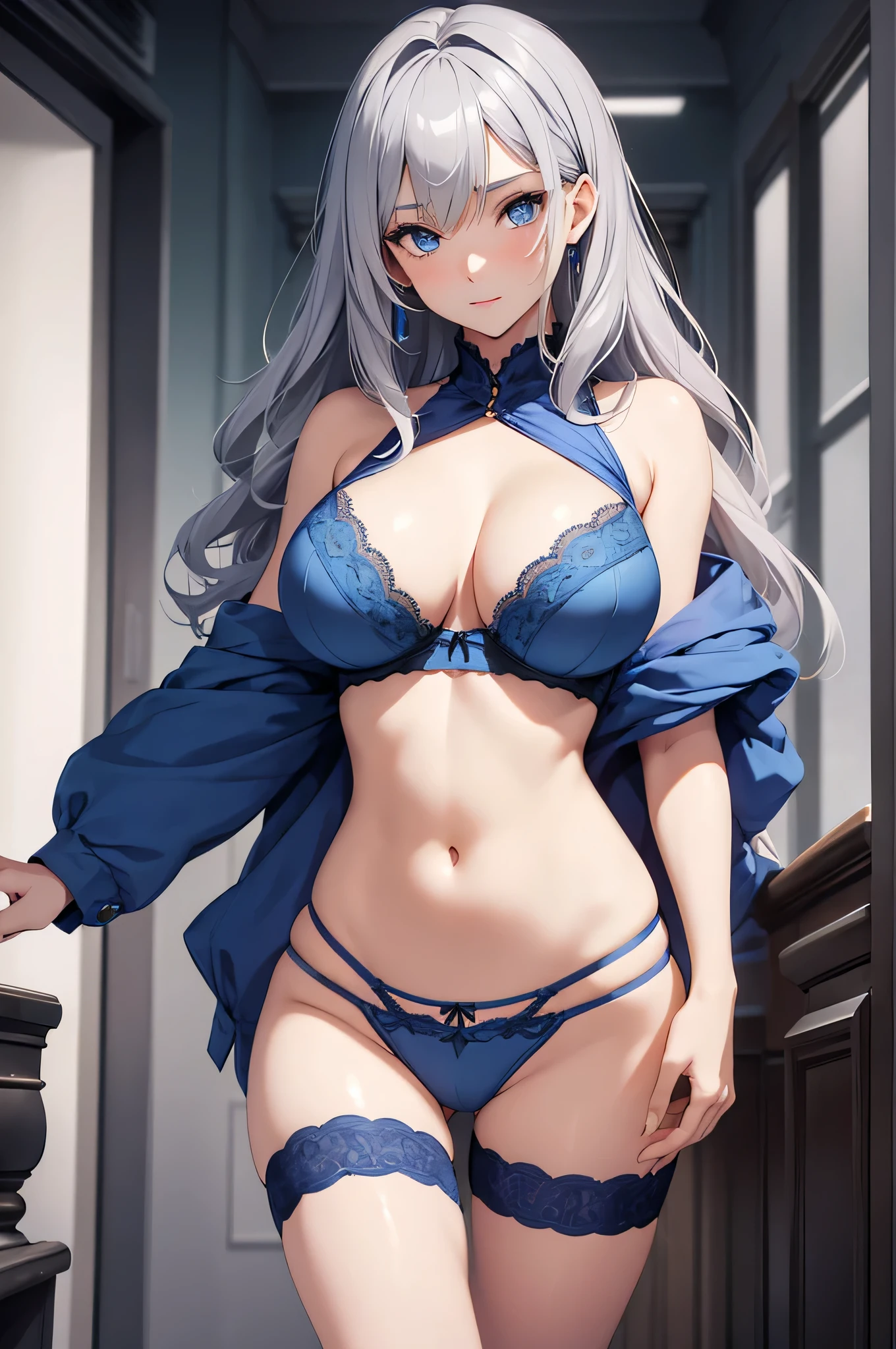 the Extremely Detailed CG Unity 8K Wallpapers、top-quality、ultra-detailliert、masterpiece、realisitic、Photo Real、extremely detailed cute girl、18year old、((skirt lift by yourself)))、(Lifted by yourself)、light blue pantie、panties focus、red blush、cparted lips、looking at the viewers、FULL BODYSHOT、Silky hair、hair wavy、Beautiful big、Perfect and constricted body、Clothes that are loose and make your cleavage look bigger、Disheveled clothes、dishevled hair、Cowgirl Pose、Breasts visible from clothes