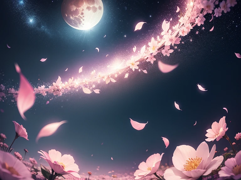beautiful full moon starry sky、Pink petal falling、Mysterious Background、