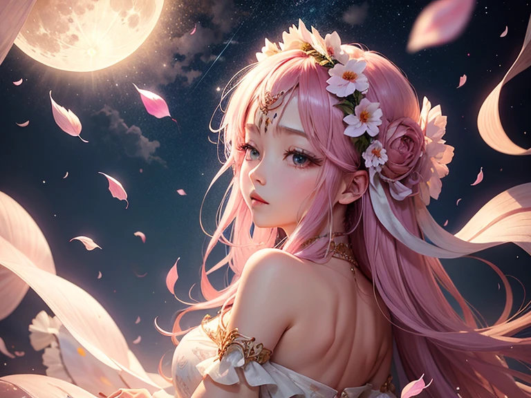 beautiful full moon starry sky、Pink petal falling、Mysterious Background、