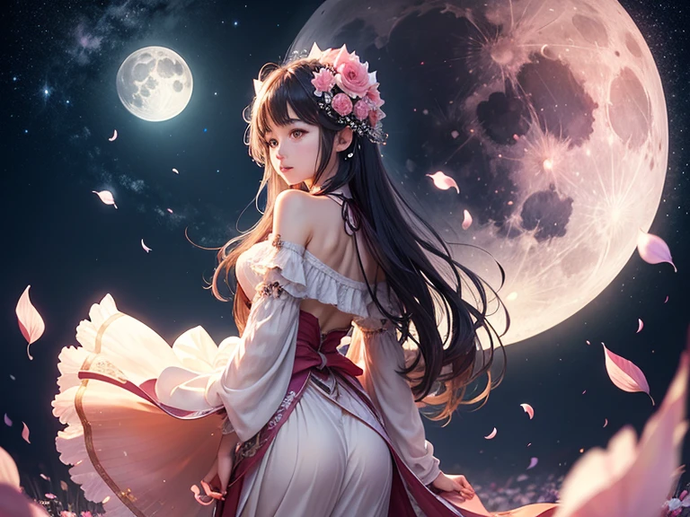 beautiful full moon starry sky、Pink petal falling、Mysterious Background、